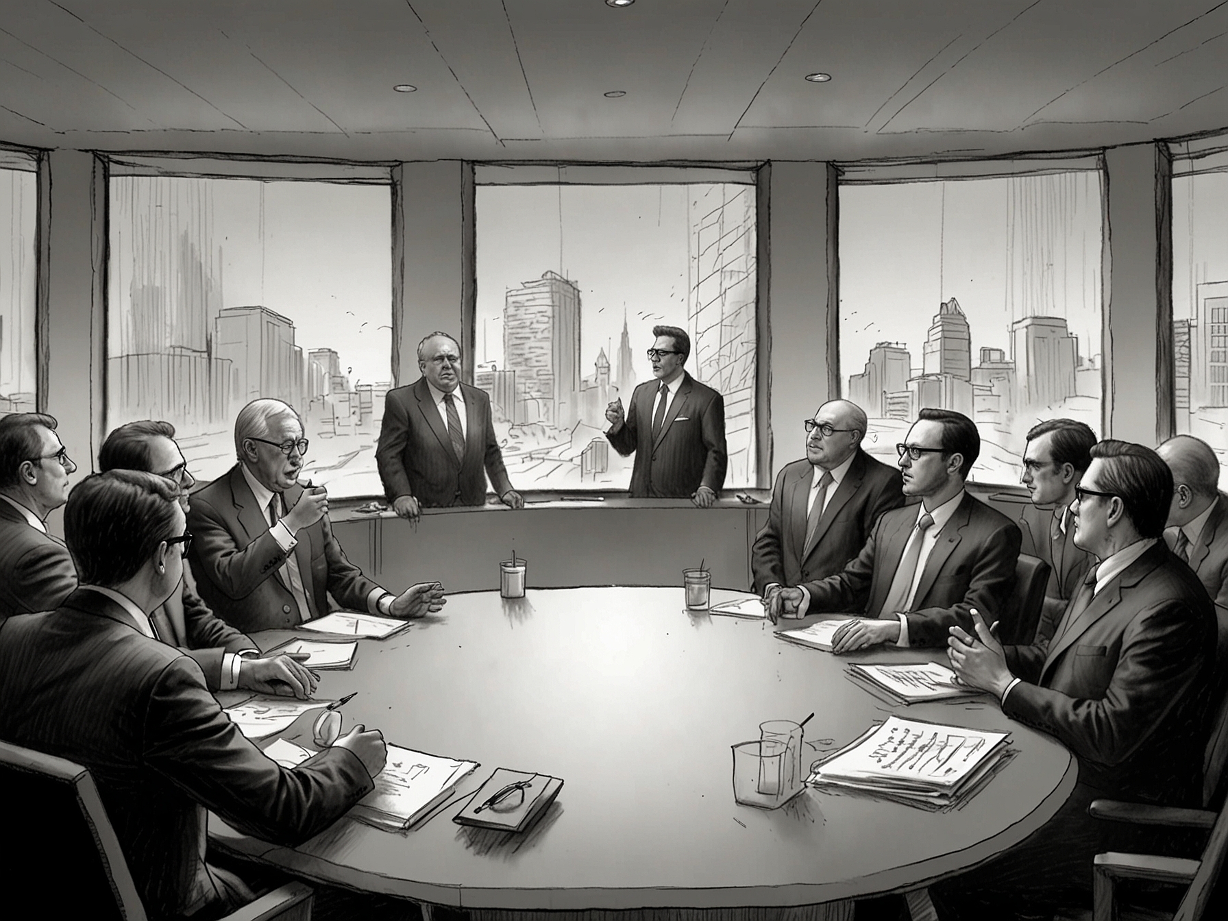 An image of a heated debate during a shareholder meeting, symbolizing the intense proxy battle between Saba Capital and BlackRock over closed-end fund governance.