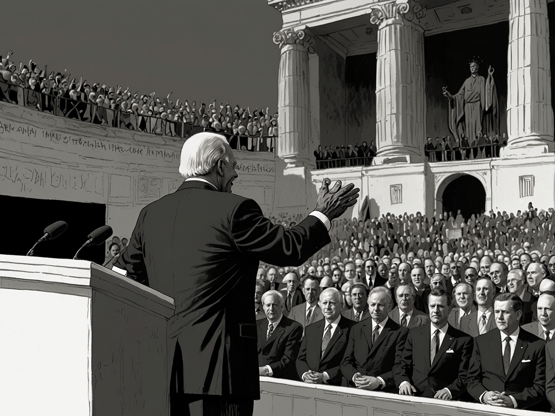An illustration of Joe Biden addressing a crowd, emphasizing his decades-long political career and experience in governance, showcasing the backdrop of the U.S. Capitol.