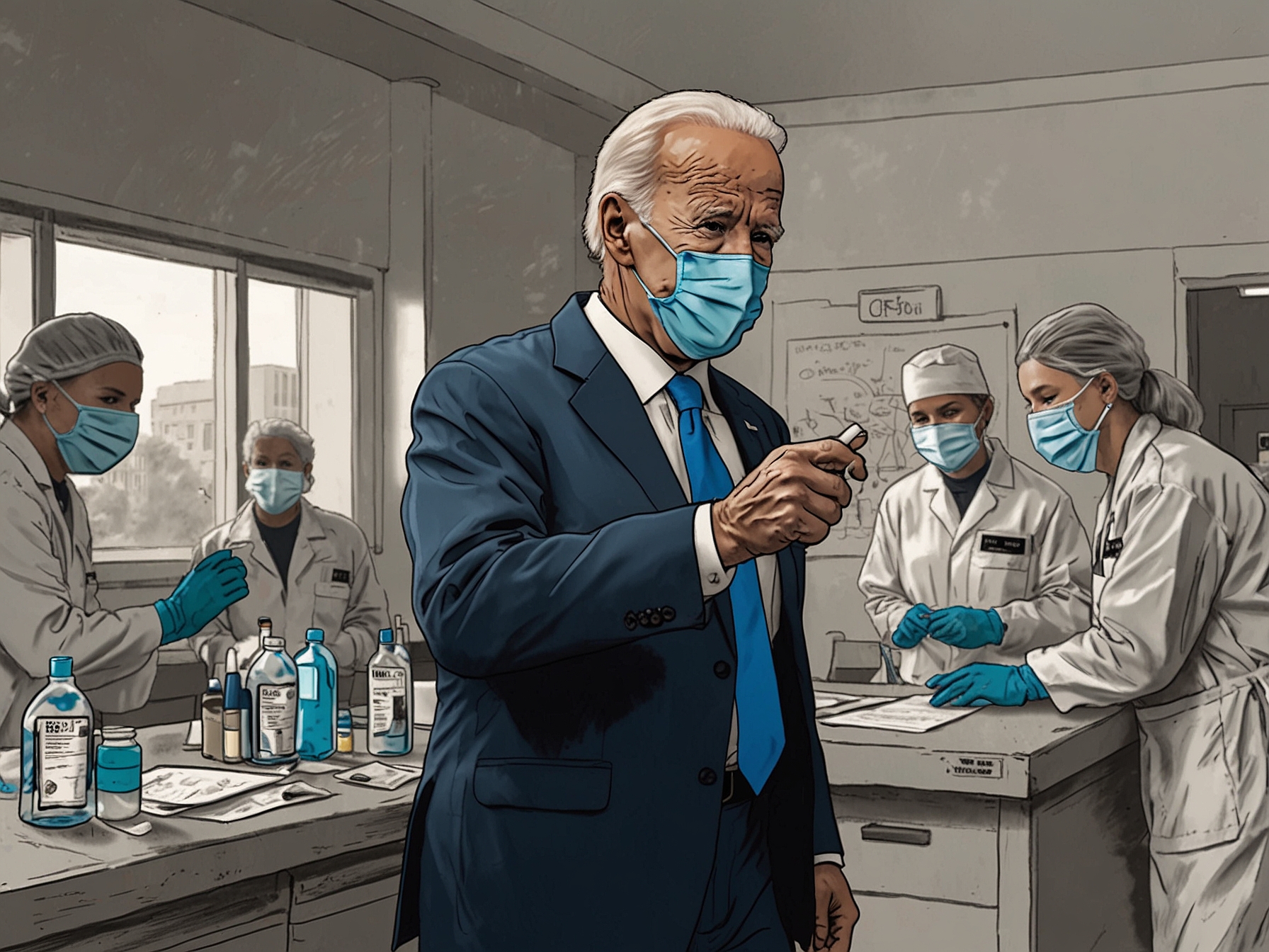 A graphic depicting Biden's efforts in handling the COVID-19 pandemic, featuring visuals of vaccine distribution, healthcare workers, and scientific research to highlight his crisis management skills.