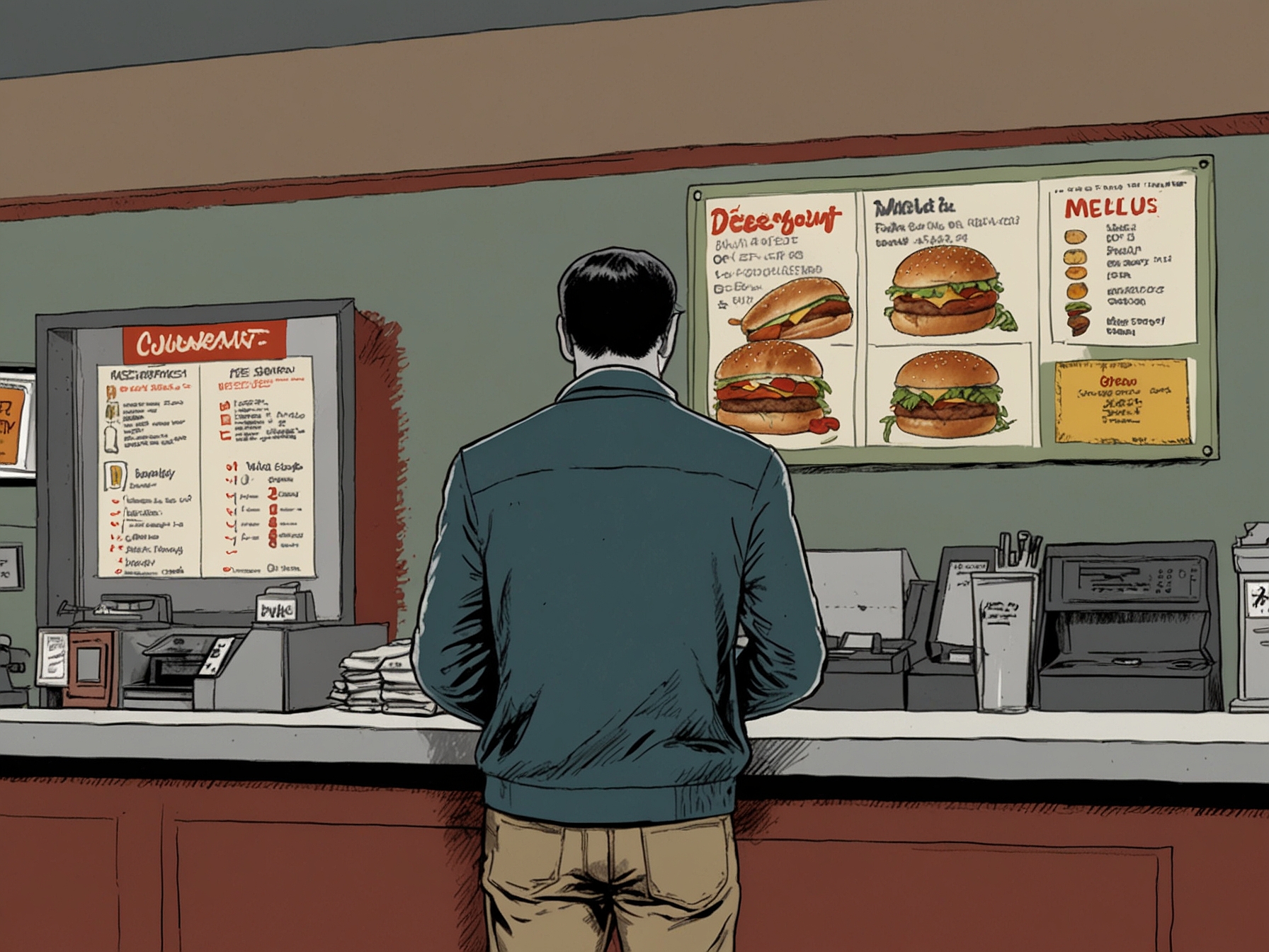 Image of a disappointed customer at a McDonald's counter looking at the menu, highlighting the underwhelming reception of the McPlant burger test.