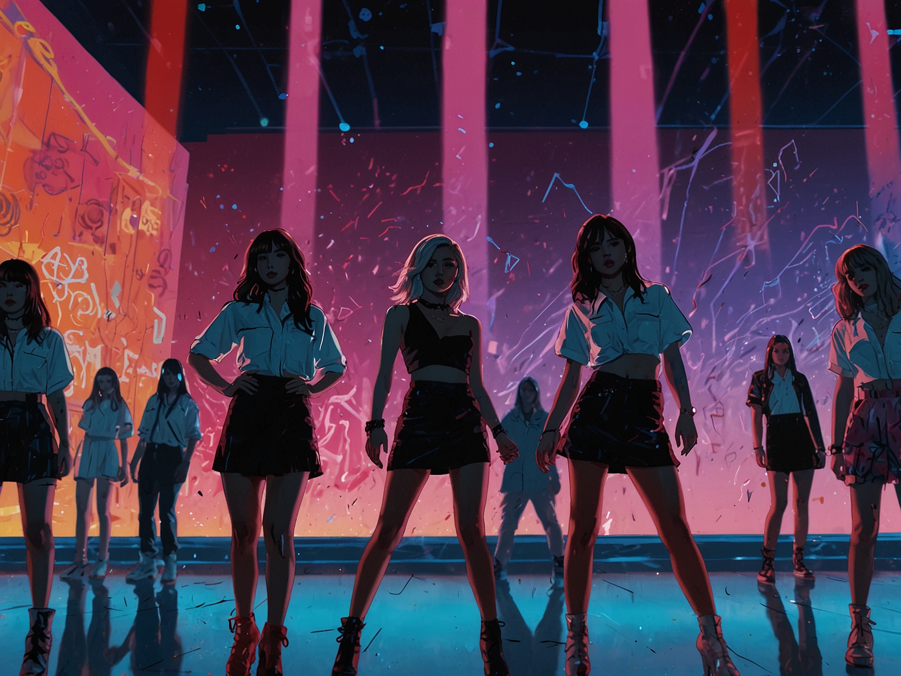 A scene from BABYMONSTER's 'Forever' music video, showcasing the group members performing dynamic choreography against a backdrop of vivid, time-themed visuals.