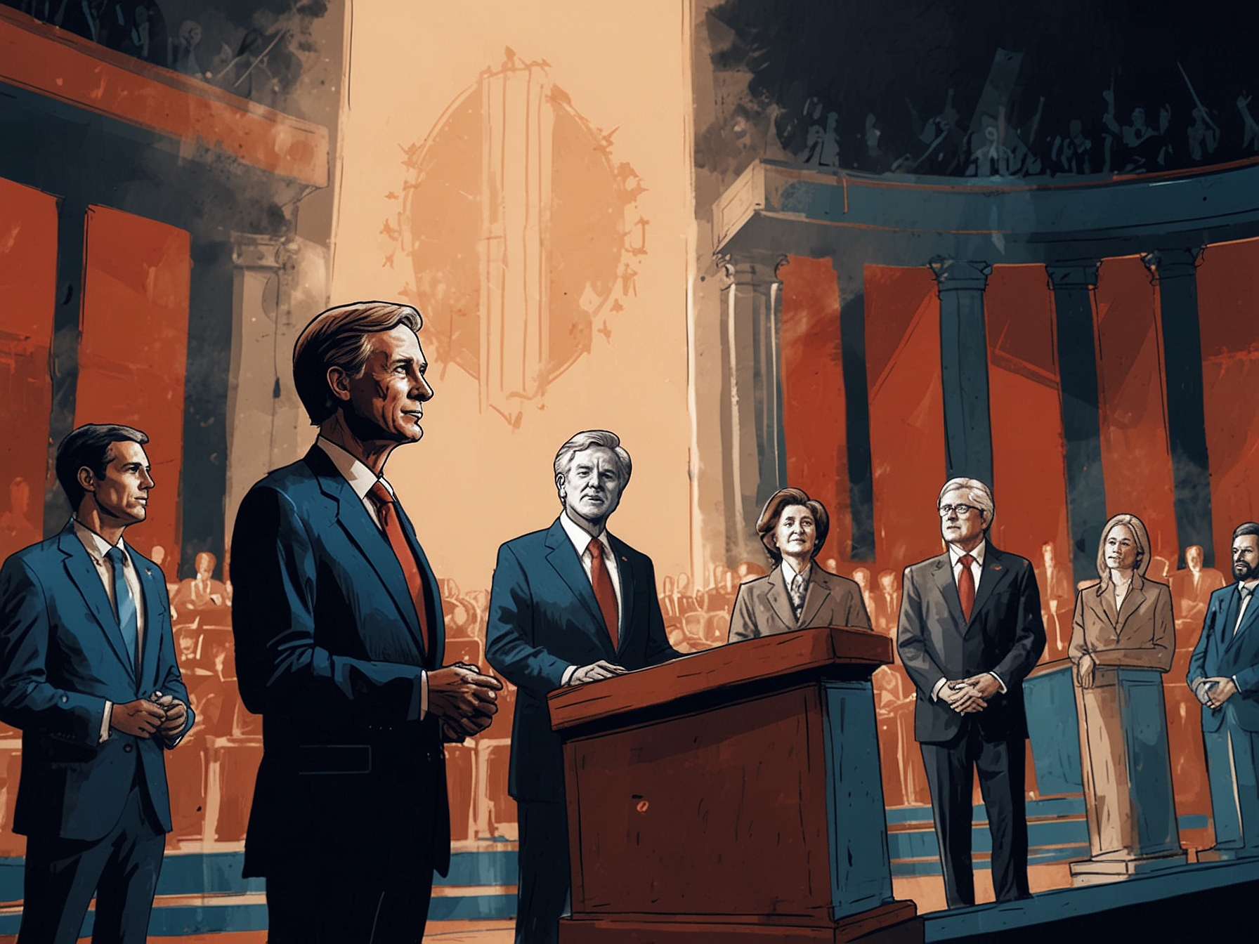 An image of presidential candidates on stage during the 2024 debate. They are passionately discussing their policies on economic reforms and the housing market to an engaged audience.