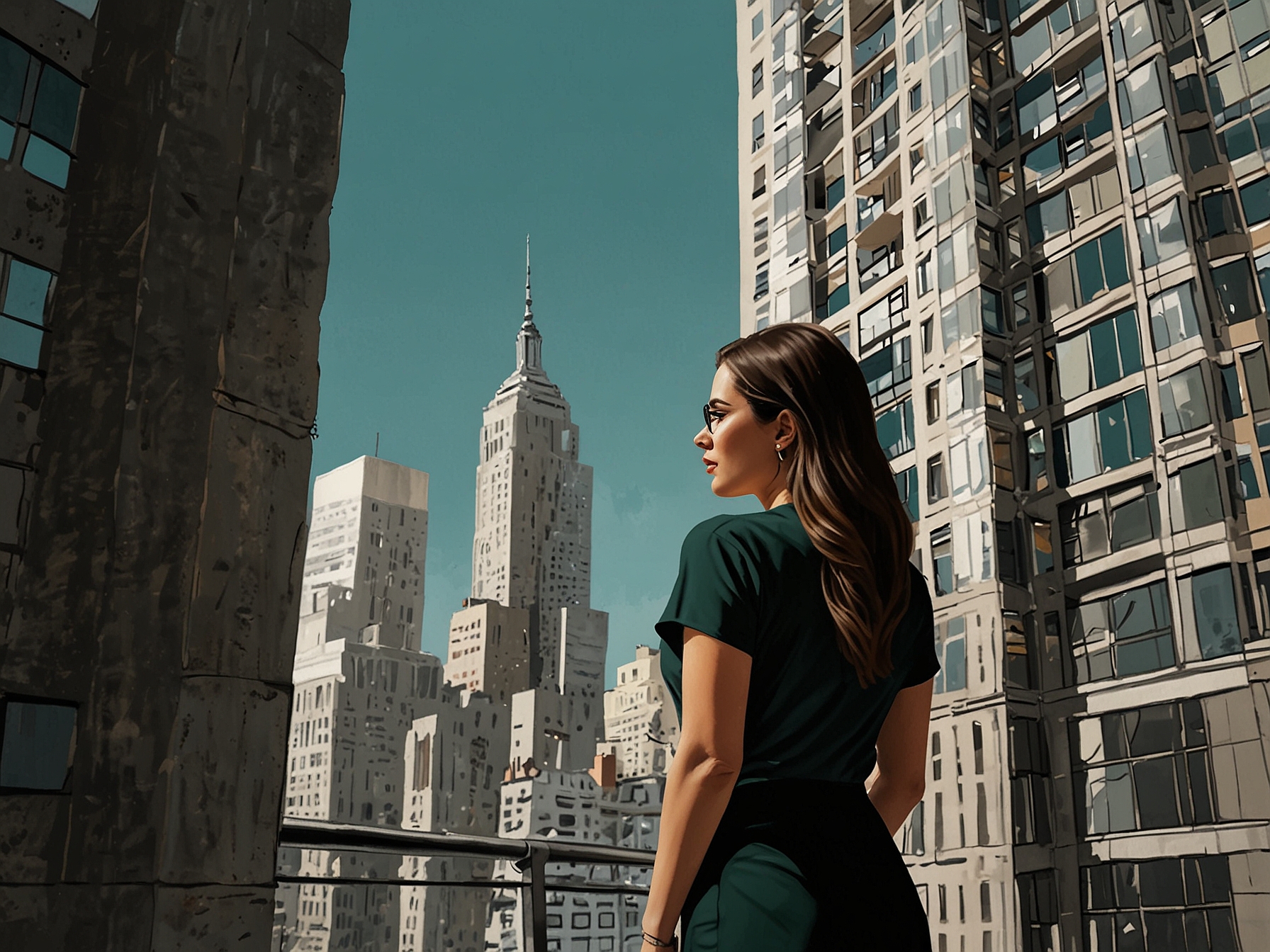 Jade Shenker examining a high-rise property in Manhattan, embodying her keen eye for lucrative investment opportunities and her expertise in identifying market trends.