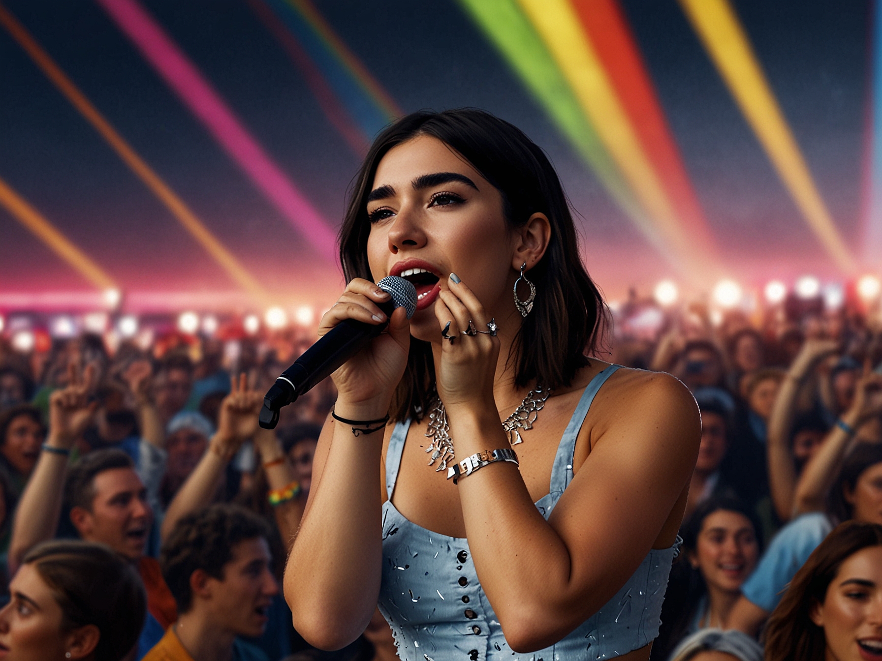 Dua Lipa on the Pyramid Stage at Glastonbury, singing passionately with colorful stage lights and an ecstatic crowd, capturing the raw energy of her headline performance.
