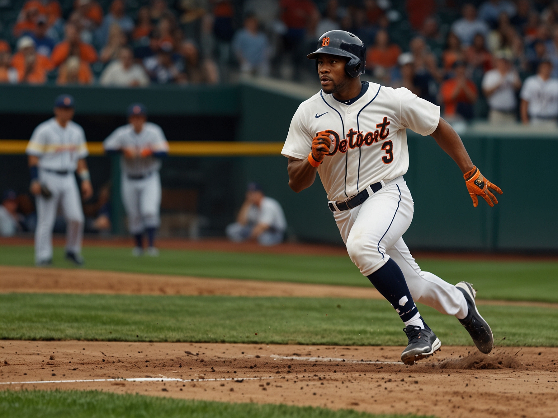 Image of Justyn-Henry Malloy rounding third base with urgency, approaching home plate during his sensational inside-the-park home run that energized the Detroit Tigers.