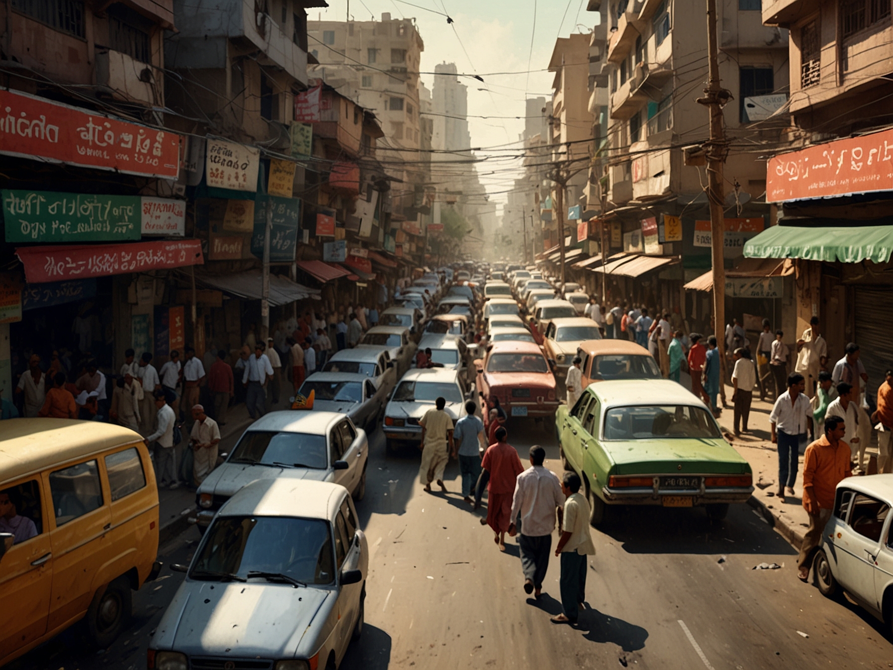 A bustling yet chaotic Indian street illustrates the pressing need for improved infrastructure, including better roads, reliable electricity, and efficient services to support economic activities.