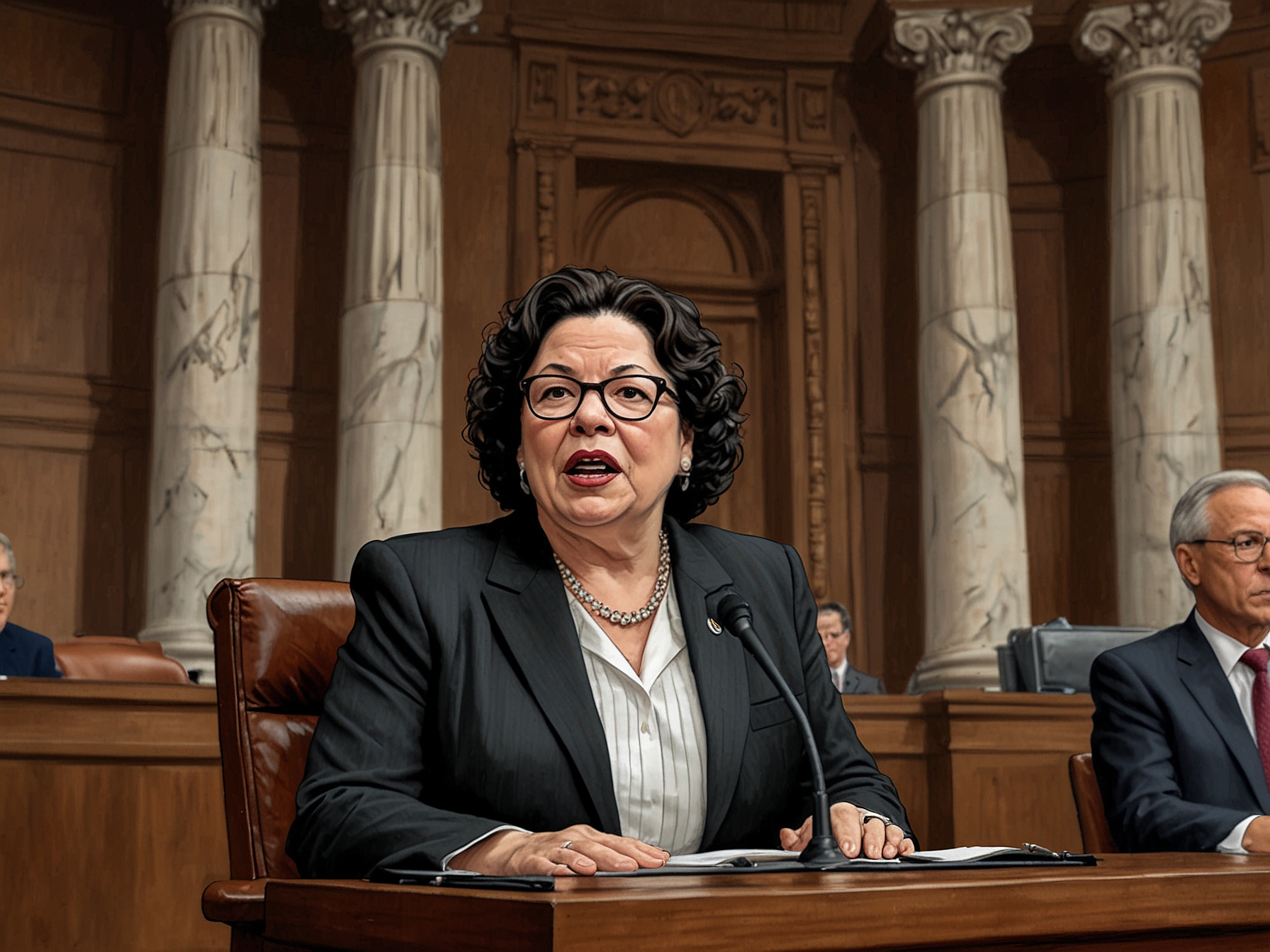 Justice Sonia Sotomayor passionately delivers her dissenting opinion, emphasizing the dangers of unchecked presidential power and the erosion of democratic norms.
