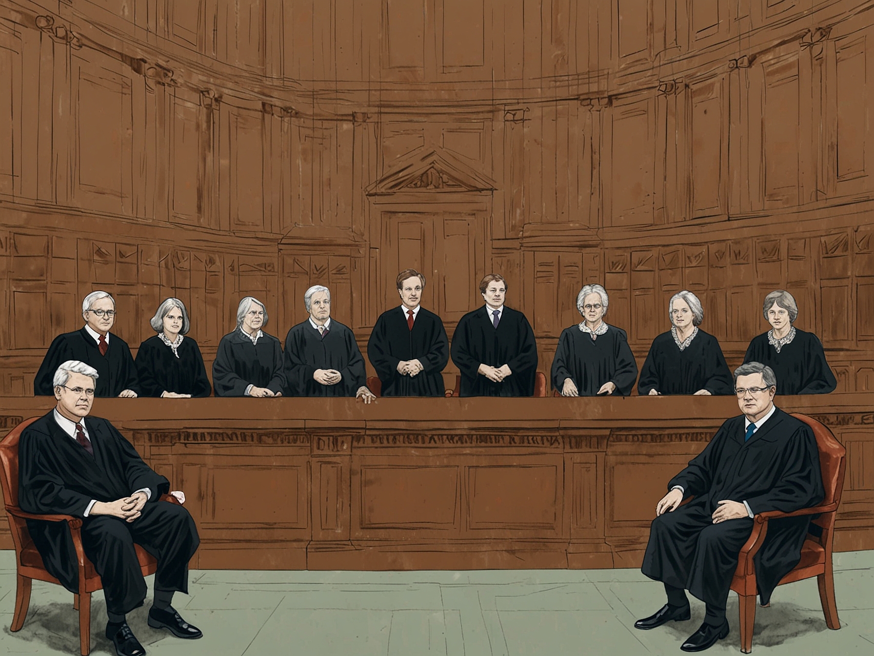 A divided Supreme Court with Justices expressing differing opinions on presidential immunity, highlighting the ideological clashes over the balance of executive authority.