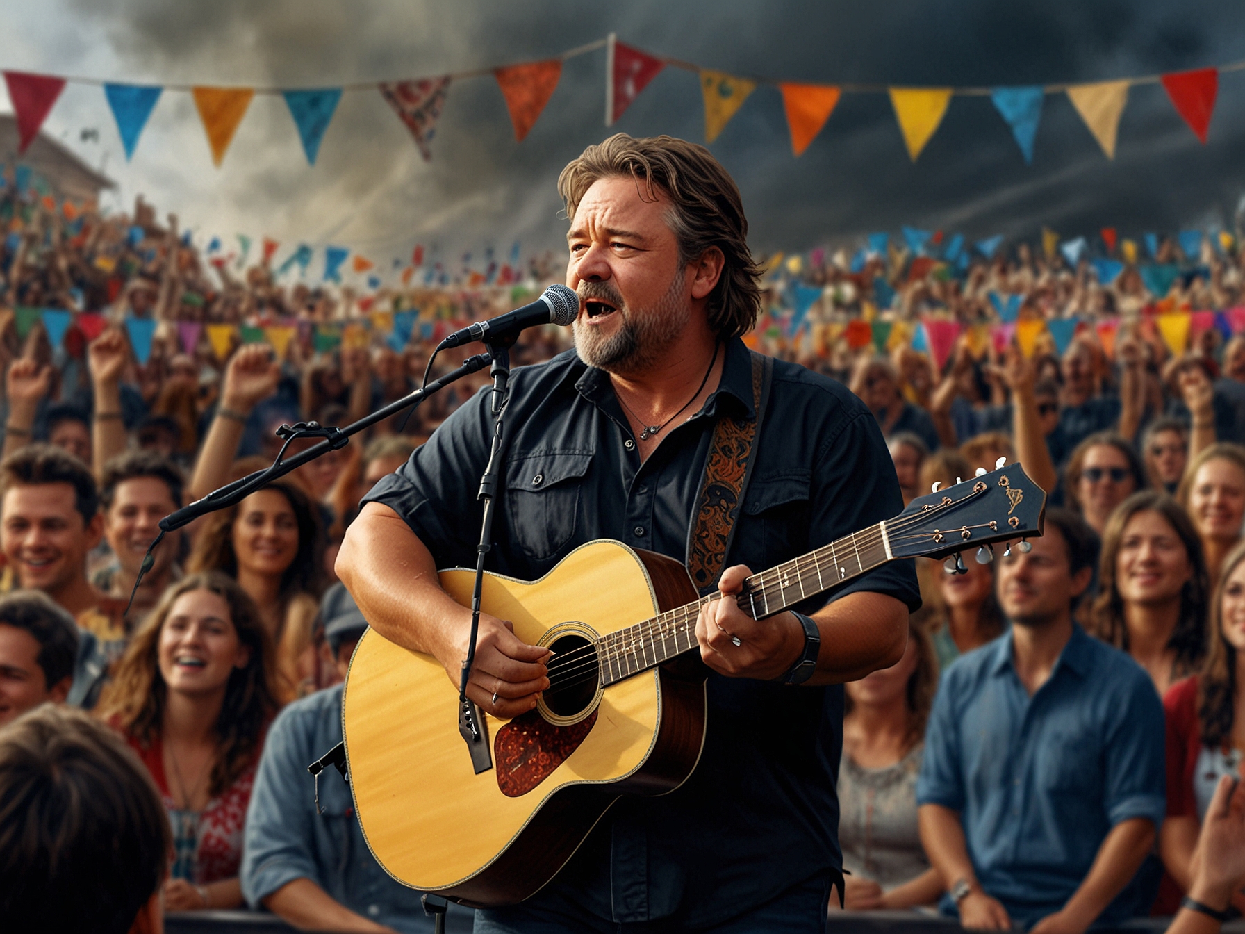 Russell Crowe on the Acoustic Stage at Glastonbury 2024, passionately performing a cover of Dire Straits' 'Romeo and Juliet', captivating the crowd with his raw acoustic rendition.
