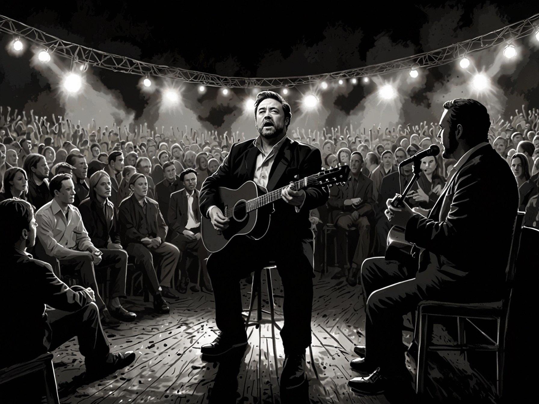 The Indoor Garden Party, led by Russell Crowe, performing 'Folsom Prison Blues' by Johnny Cash at Glastonbury 2024. The audience sings along, creating a unifying and electrifying atmosphere.