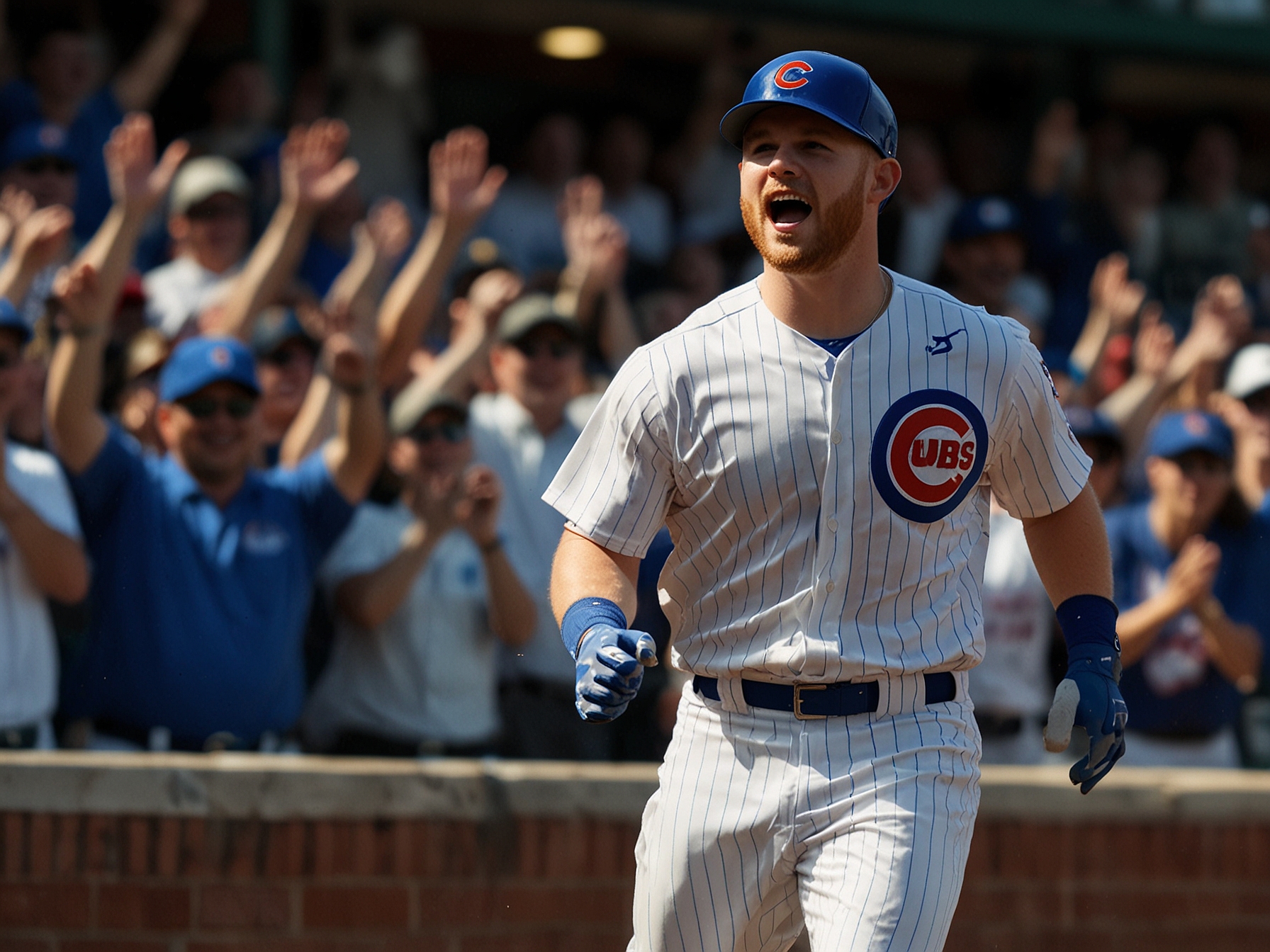 Ian Happ of the Chicago Cubs celebrates rounding the bases after hitting a game-changing two-run homer in the eighth inning, with fans in Wrigley Field erupting in joyous applause.