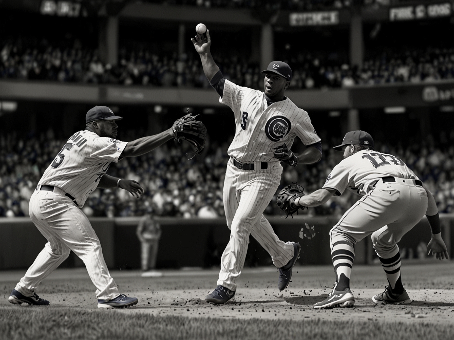 Chicago Cubs' defenders in action as they successfully hold off the Milwaukee Brewers in the final innings, showcasing exceptional pitching and sharp defensive plays to secure the win.