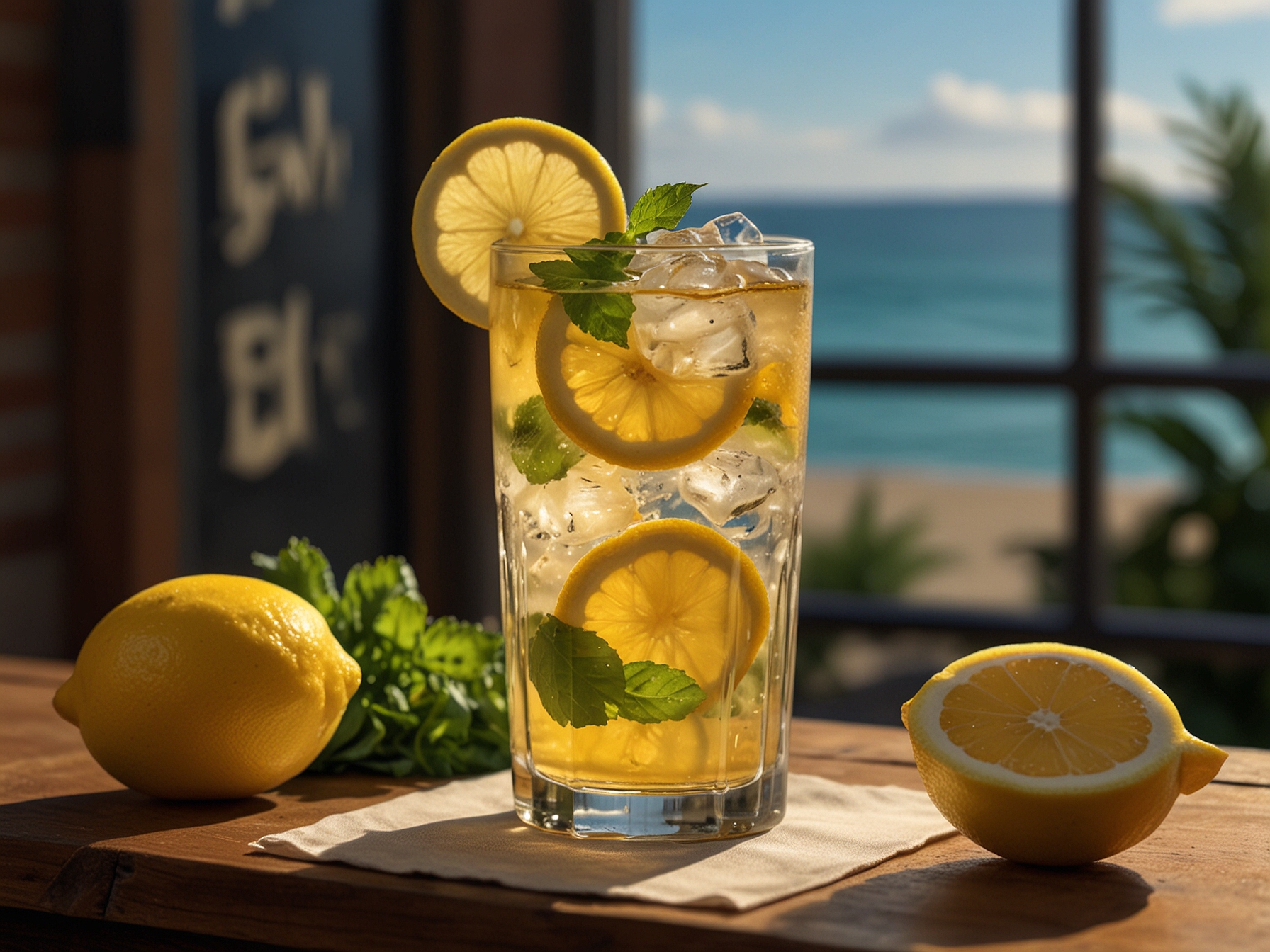 A tall glass of Fort Tilden Cooler with a pale golden hue, garnished with a sprig of mint and a lemon slice, placed next to fresh ingredients on a patio table.