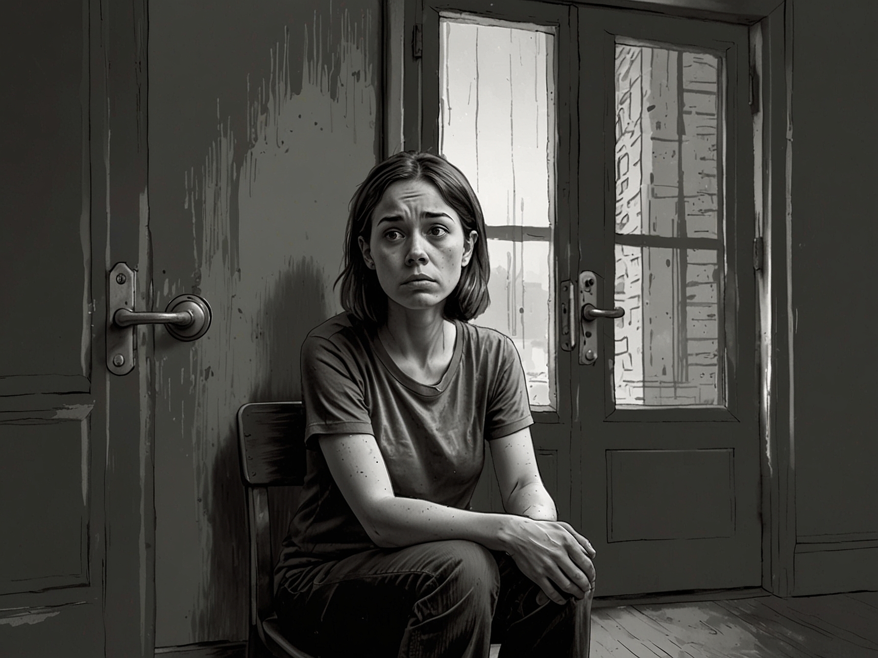 A concerned apartment resident sits by her door, looking anxious after hearing three knocks, illustrating the unsettling impact of the building's three-knock rule.