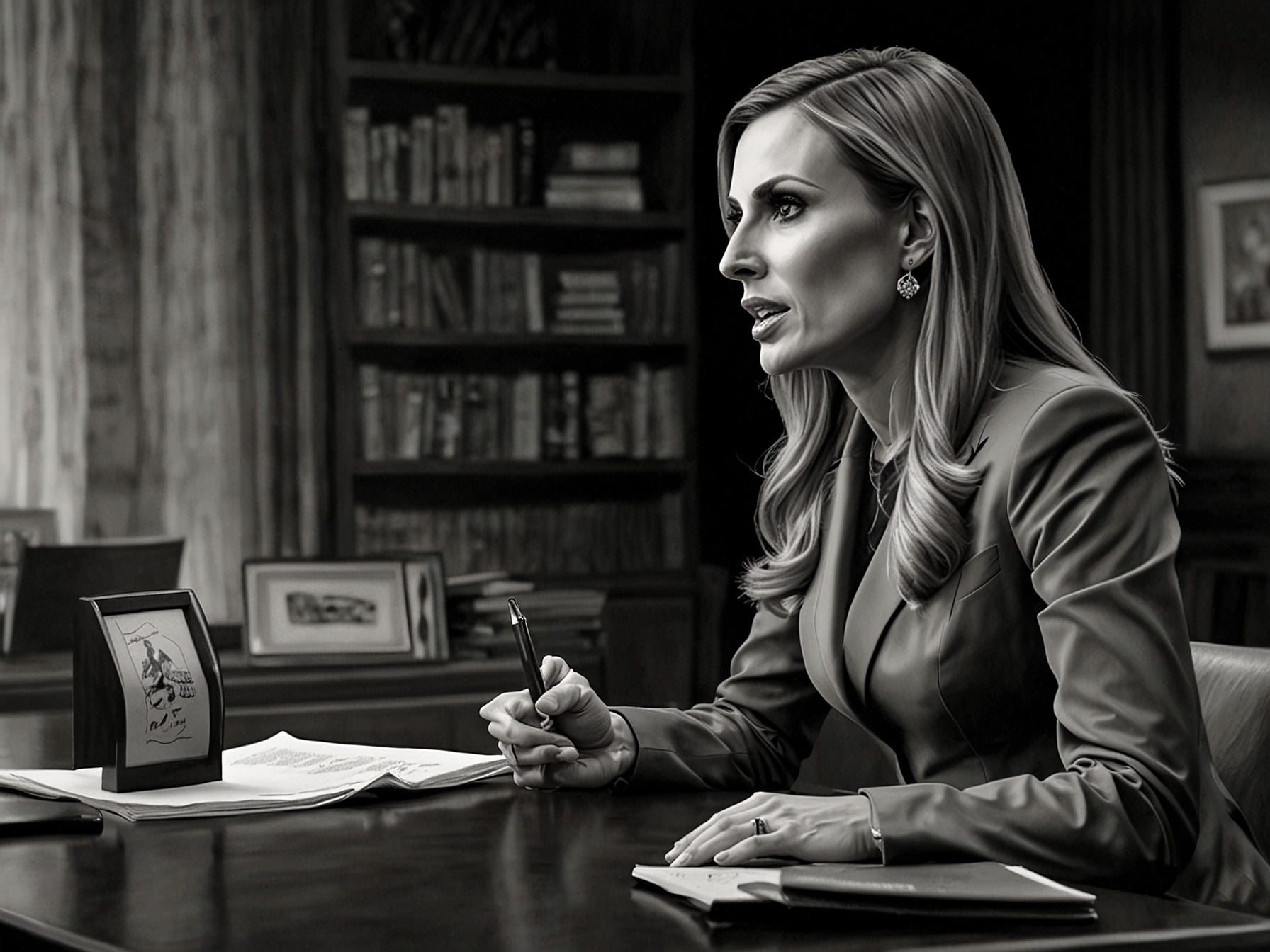An illustration of Lara Trump speaking during a televised interview, making bold claims about Donald Trump’s presidency, which were later fact-checked and challenged.