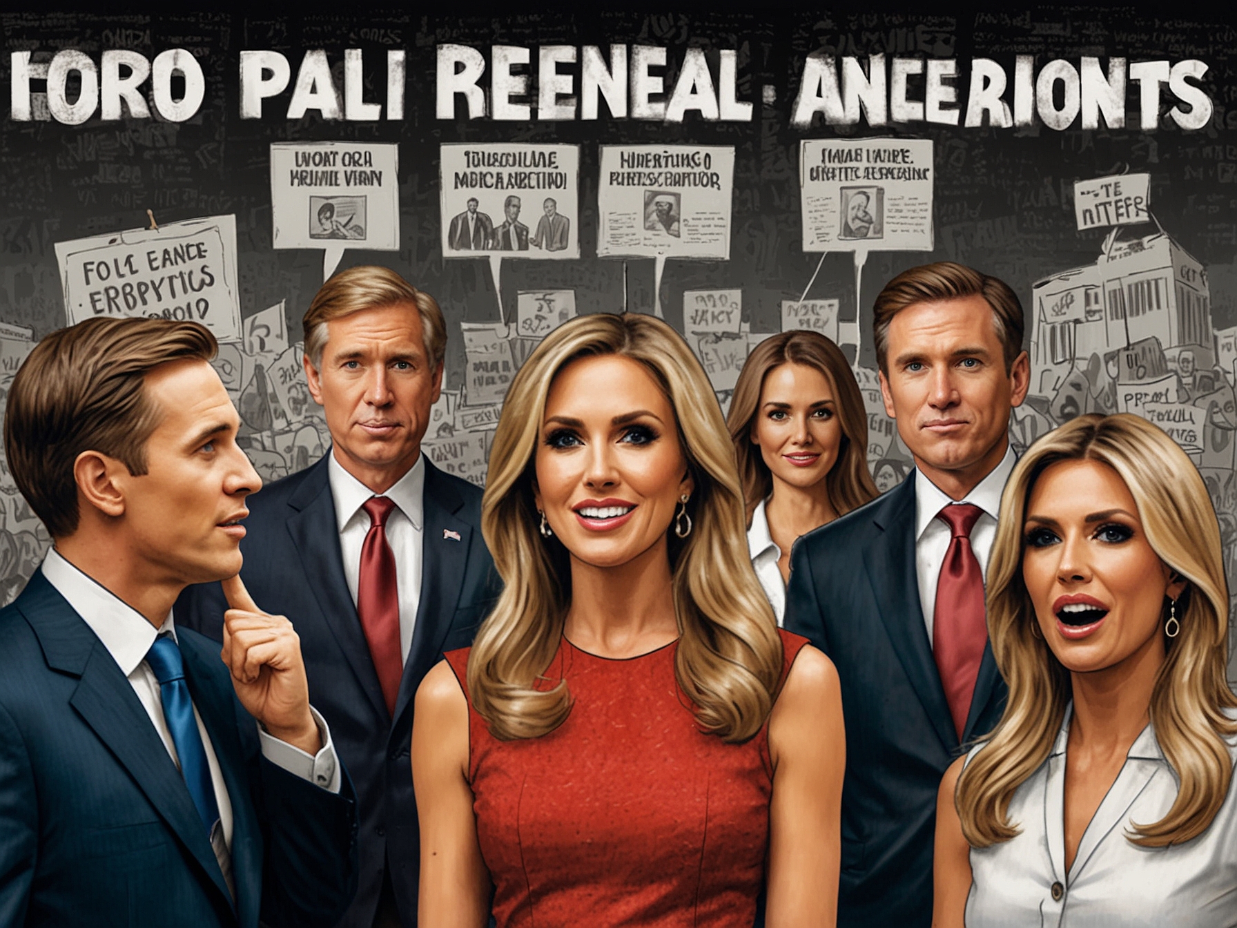 A montage depicting social media reactions and headlines from various fact-checking articles debunking Lara Trump's statements about employment rates, economic growth, and foreign policy.