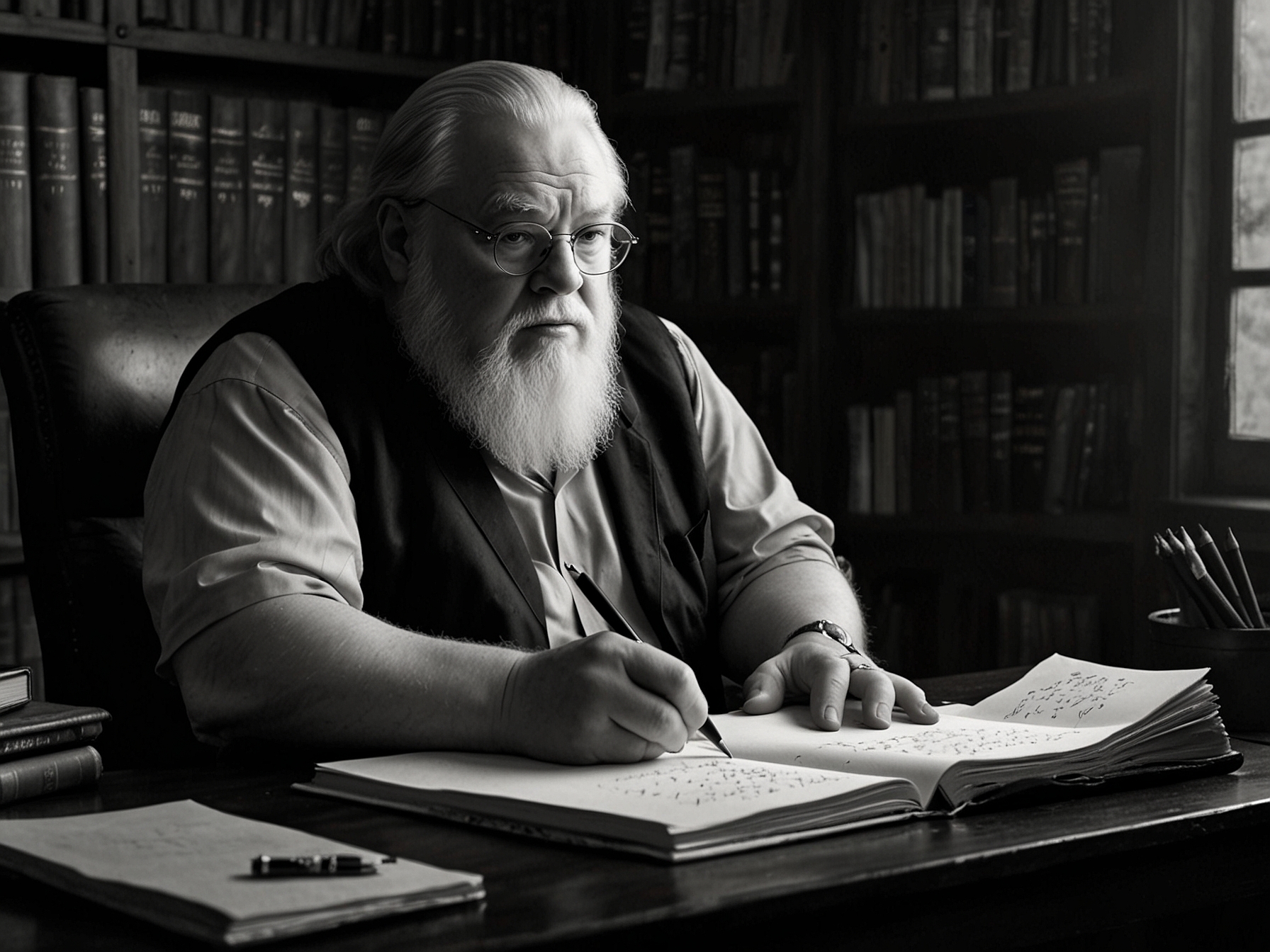 An image of George RR Martin writing at his desk, with a mysterious expression, reflecting his cryptic message about the potential Elden Ring adaptation.