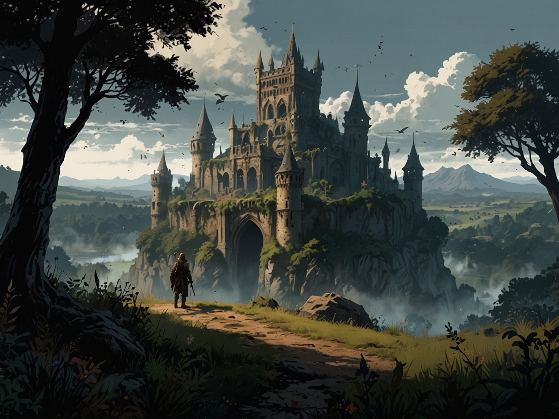 An illustration of key characters and landscapes from Elden Ring, showcasing the game's rich lore and expansive world, hinting at its potential as a TV series or film.