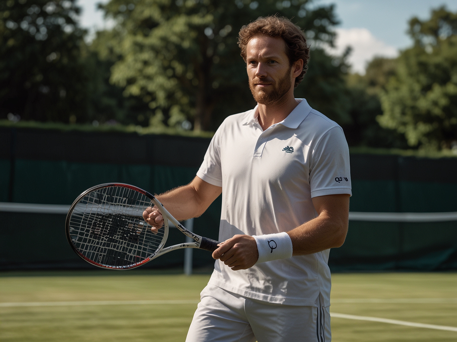 Marcus Daniell holding a tennis racket on a Wimbledon court, symbolizing his journey as a professional athlete and his commitment to donating prize money to charity.