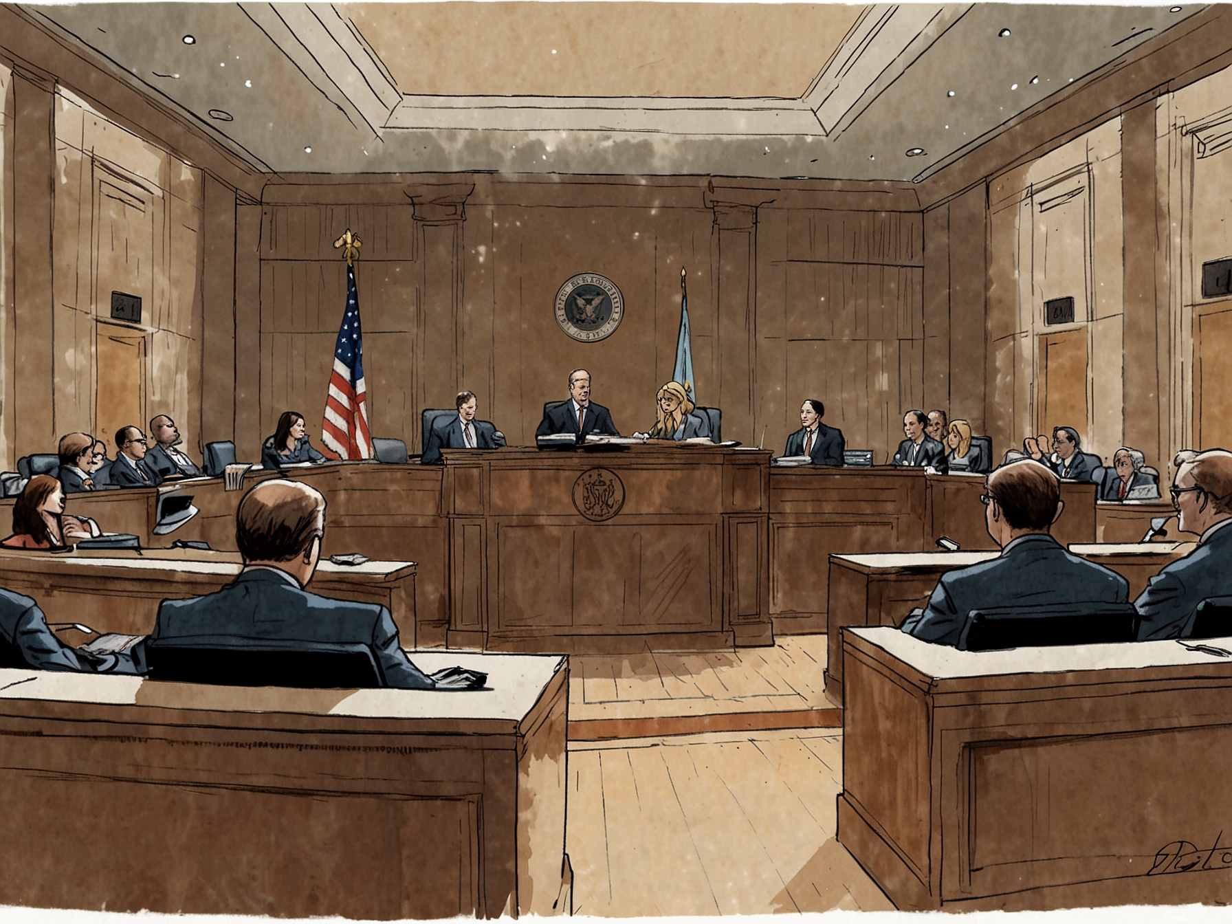 An image showing a courtroom scene with the Boeing logo in the background, representing the ongoing legal battles and the Justice Department's push for a guilty plea.