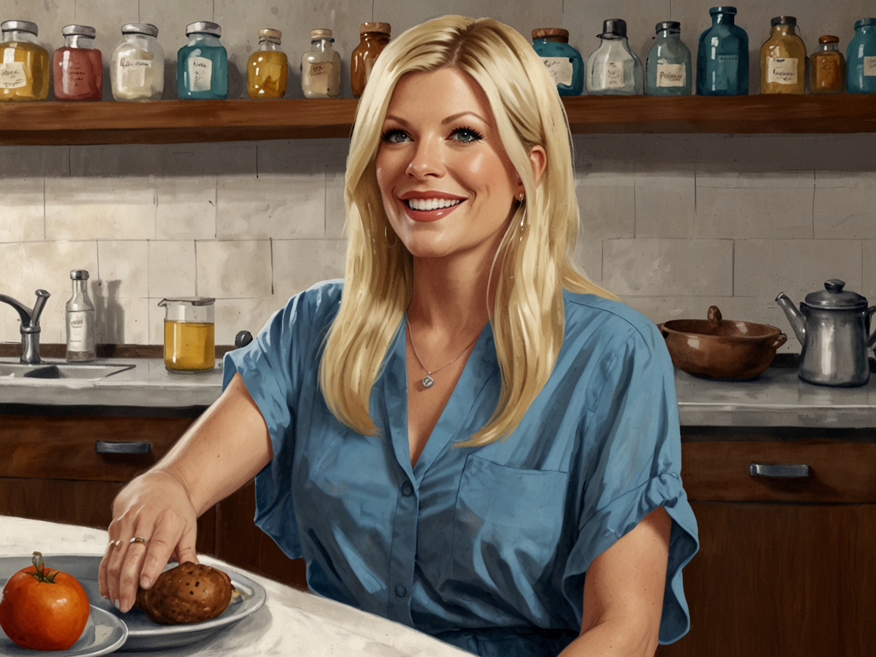 Tori Spelling in a candid moment, sharing her experience and reasons behind consuming her placenta with truffle oil, reflecting her personal journey towards holistic postpartum care.