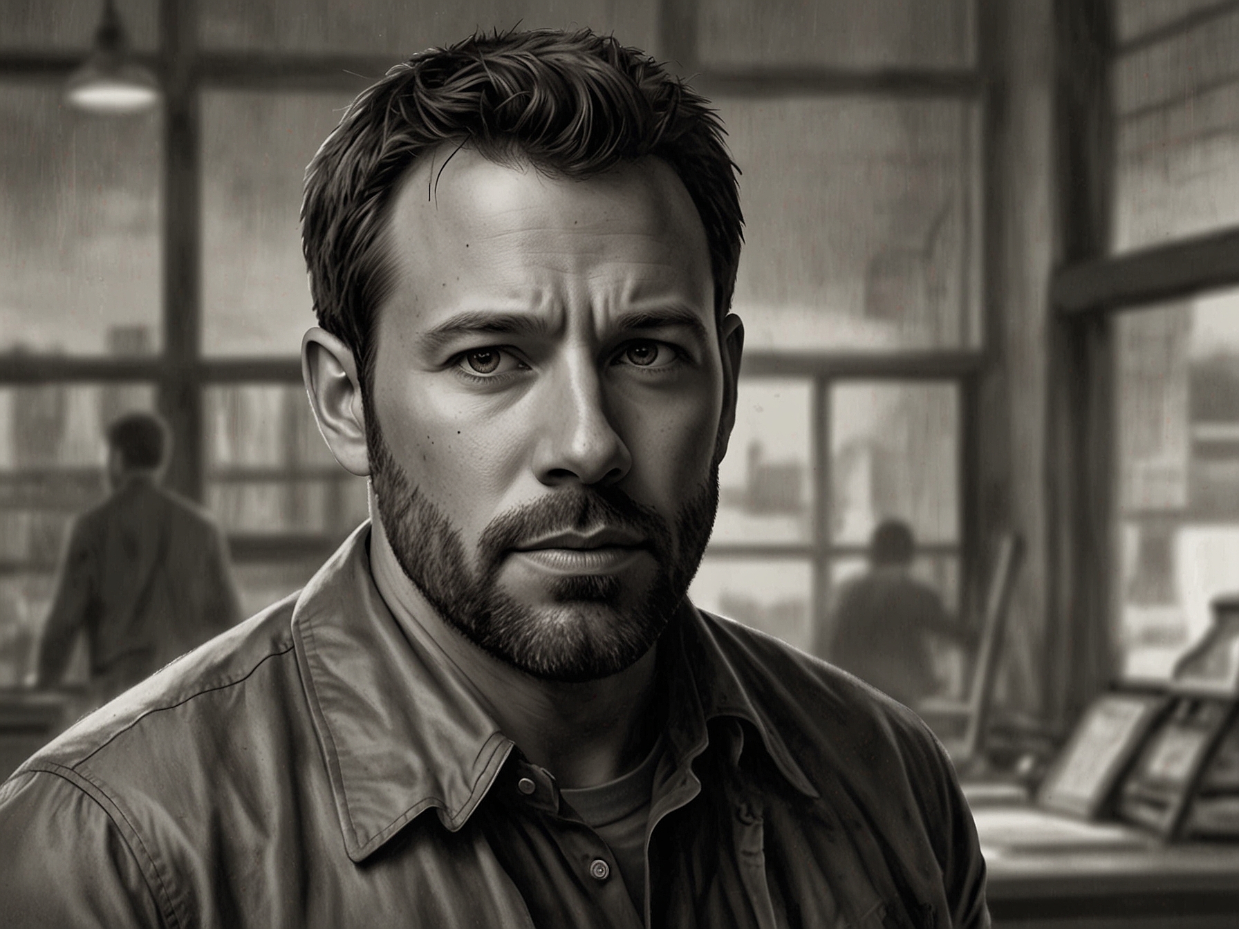 Ben Affleck on a film set, engrossed in his role as an actor and director, managing his professional commitments while balancing personal life.