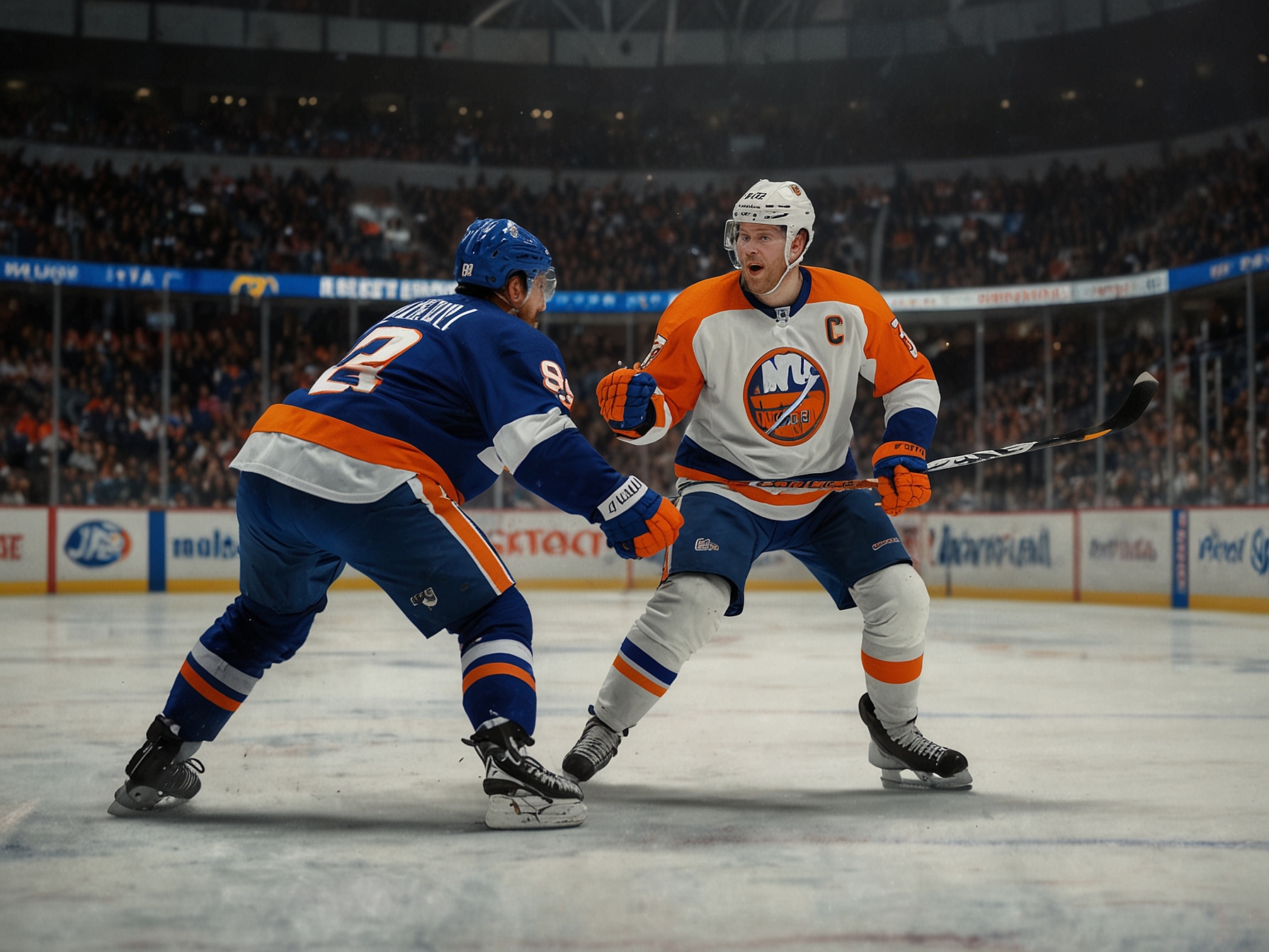 Mike Reilly, wearing his Islanders gear, defends against an opposing player near the blue line. This scene illustrates Reilly’s defensive prowess and his significance to the Islanders' defense.