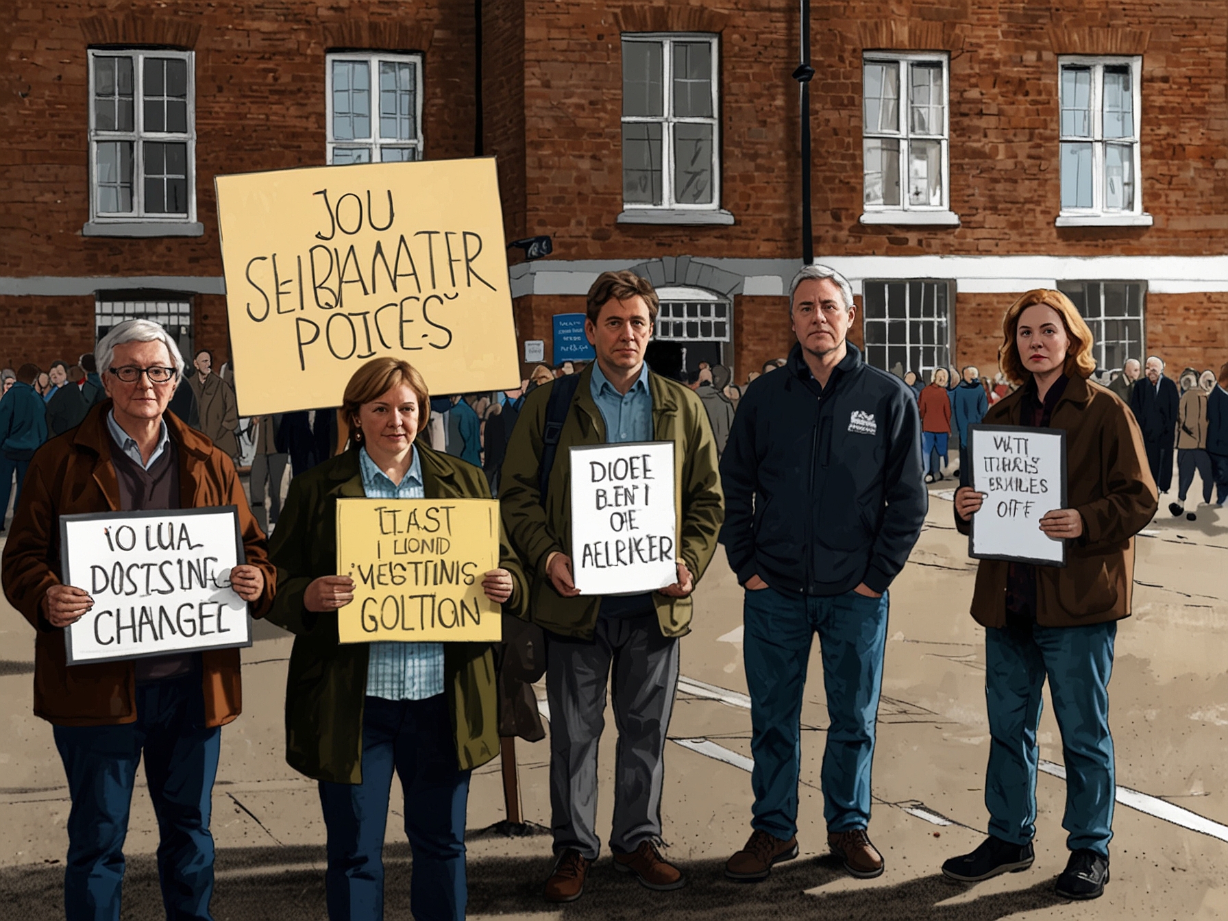 A group of UK voters discusses climate change, holding placards that demand stronger environmental policies, reflecting the public's growing concern ahead of the upcoming General Election.