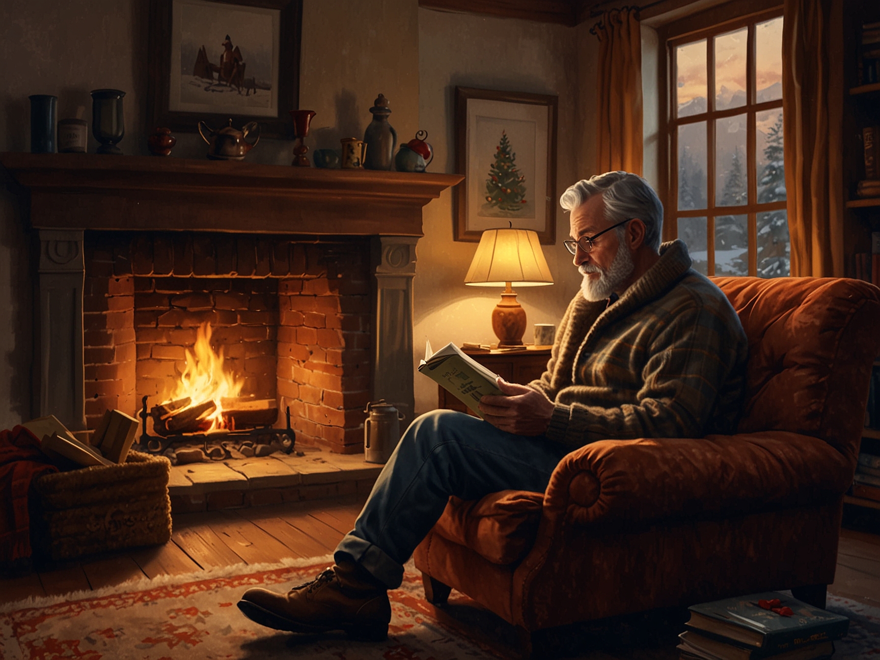 A person sitting comfortably by a fireplace, reading 'Our Holiday' with a steaming mug of cocoa beside them. The scene exudes warmth and anticipation, ideal for a captivating winter read.