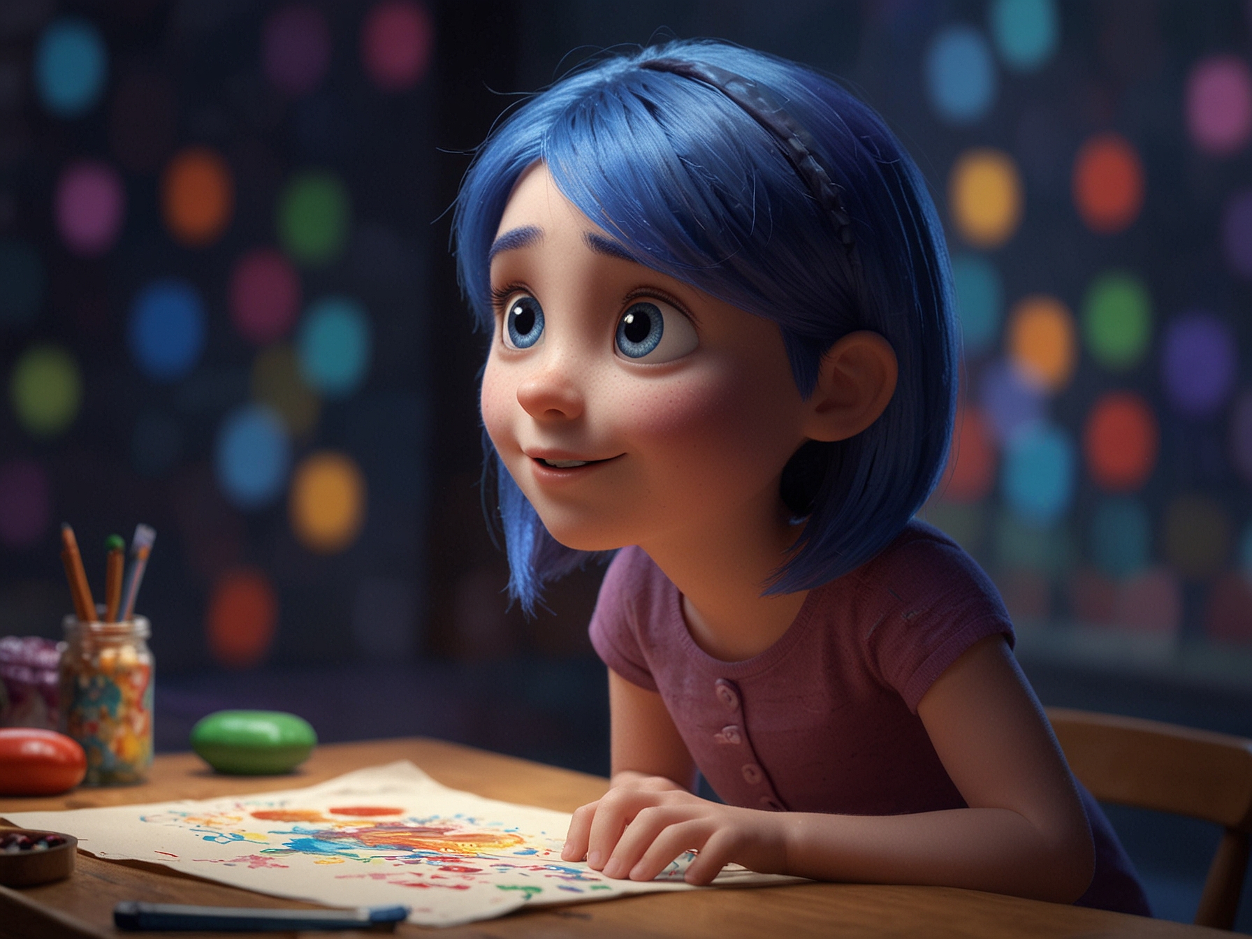 A vibrant scene from Inside Out 2 showcasing the main character, Riley, and her emotions—Joy, Sadness, Anger, Disgust, and Fear—capturing the movie's whimsical and heartfelt storytelling.