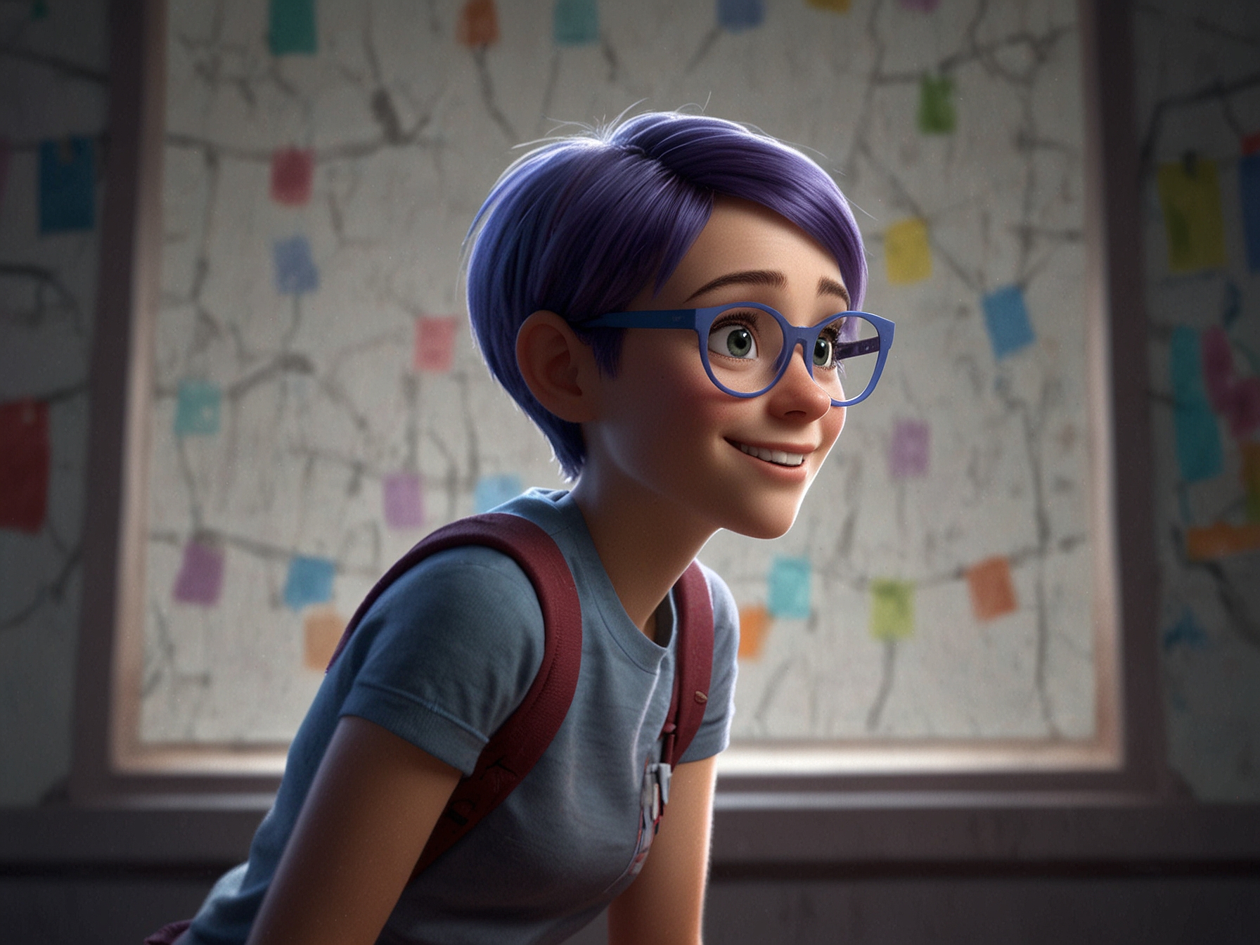 A dynamic shot from Inside Out 2 illustrating Riley navigating through her teenage years, surrounded by her colorful emotions, highlighting the film's stunning animation and emotional depth.