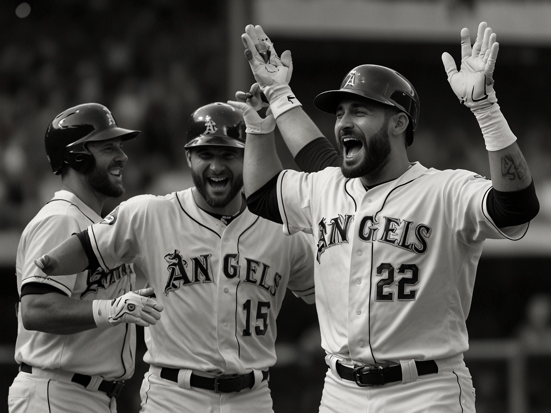 Kevin Pillar celebrates with teammates after hitting the game-winning single in the 10th inning, securing the Los Angeles Angels' 6-5 victory over the Detroit Tigers at Angel Stadium.