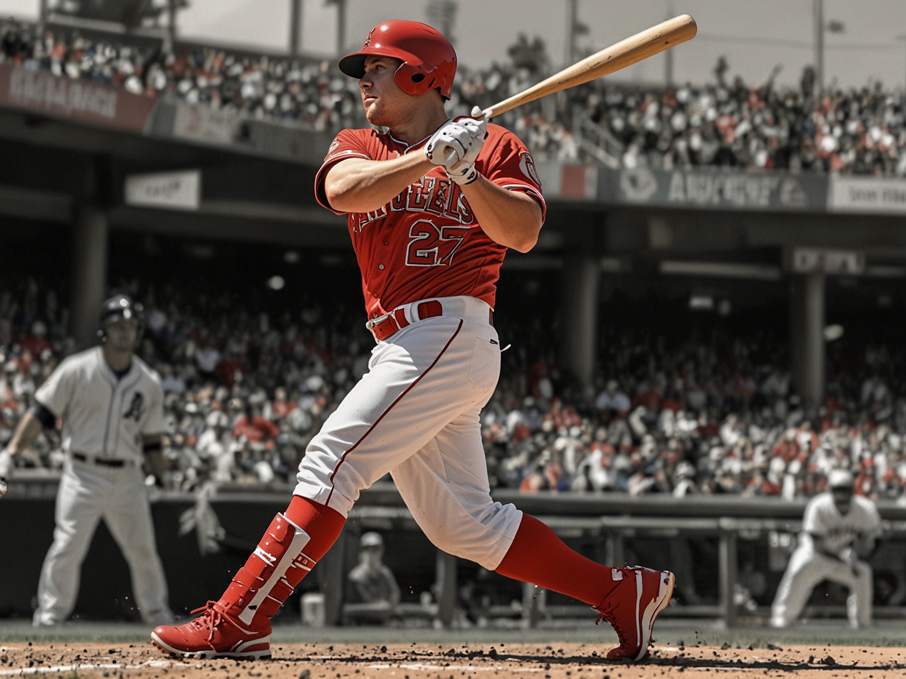 Mike Trout hits a pivotal two-run home run in the 7th inning, tying the game and energizing the crowd, as the Los Angeles Angels battle the Detroit Tigers at Angel Stadium.