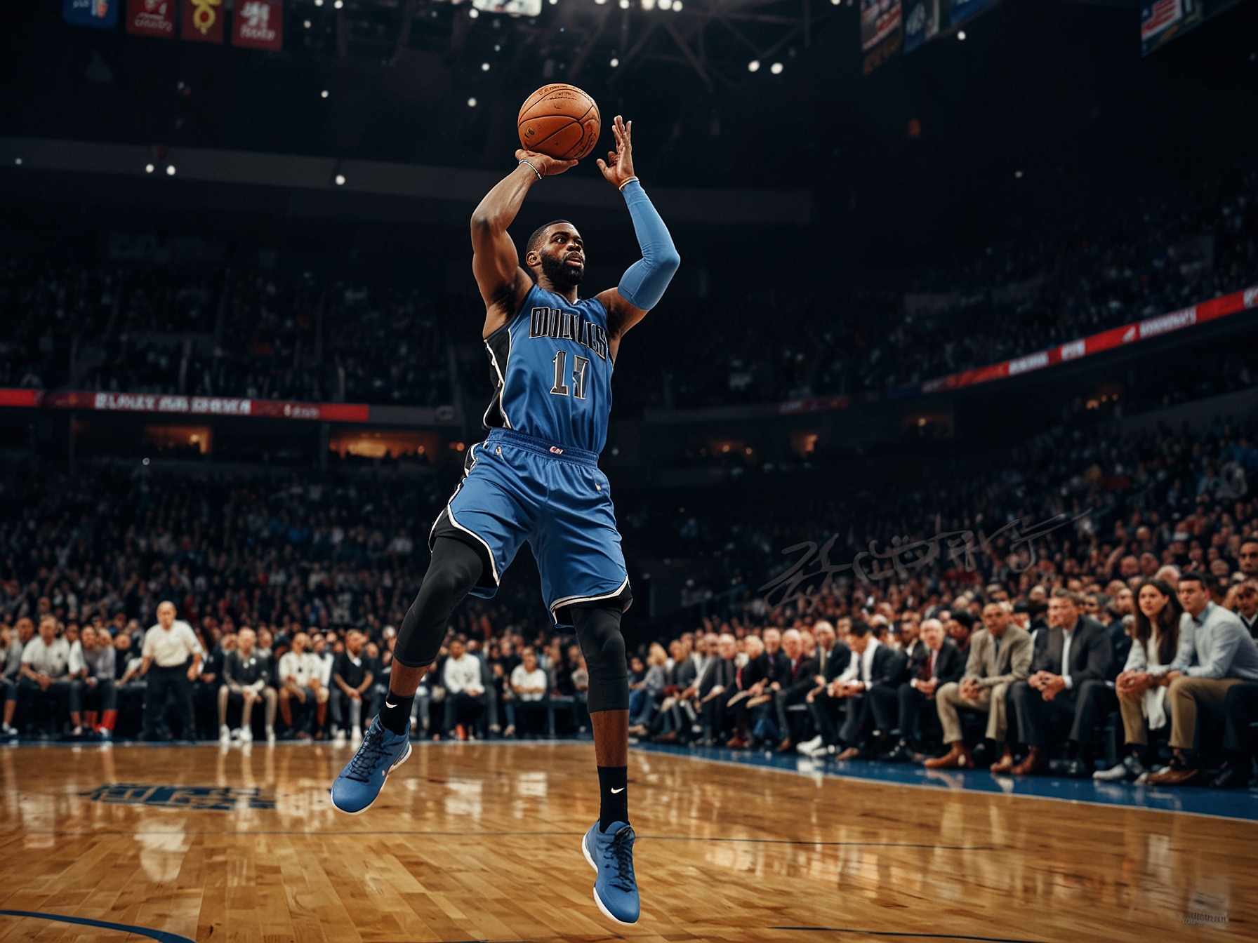 Tim Hardaway Jr., in his Dallas Mavericks jersey, executing a three-point shot during a high-stakes game, illustrating his scoring prowess and the end of his era with the team.