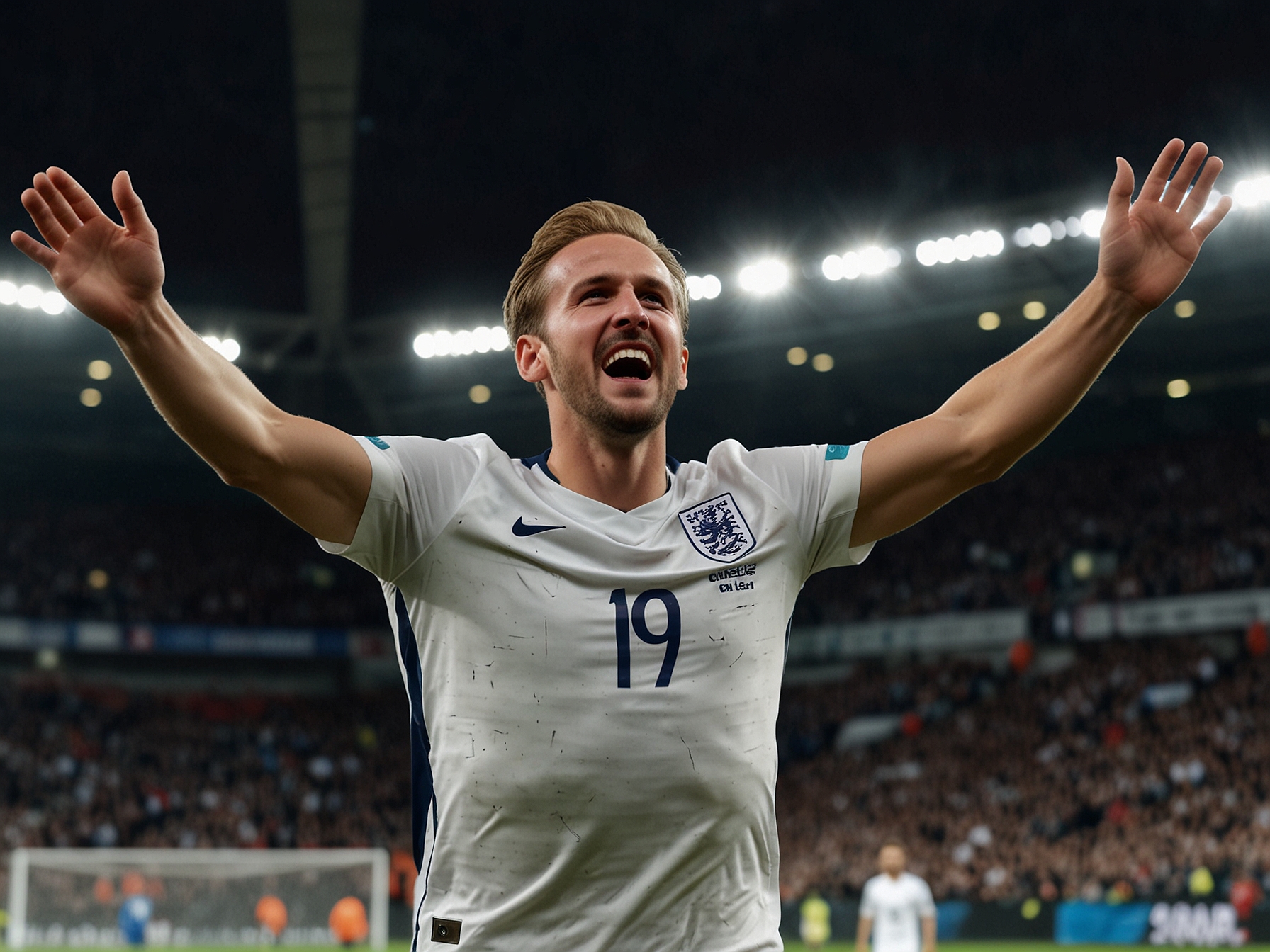 Harry Kane celebrates after scoring the winning goal with a brilliant header from a cross, highlighting his role as England's crucial striker in their 2-1 victory over Slovakia.