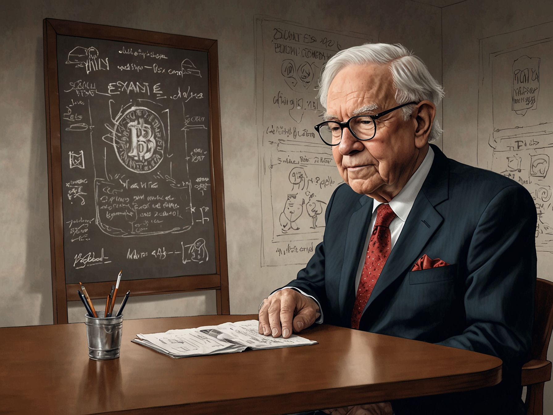 An illustration of Warren Buffett thoughtfully considering Chipotle's stock symbol, symbolizing his evaluation of the company's investment potential.