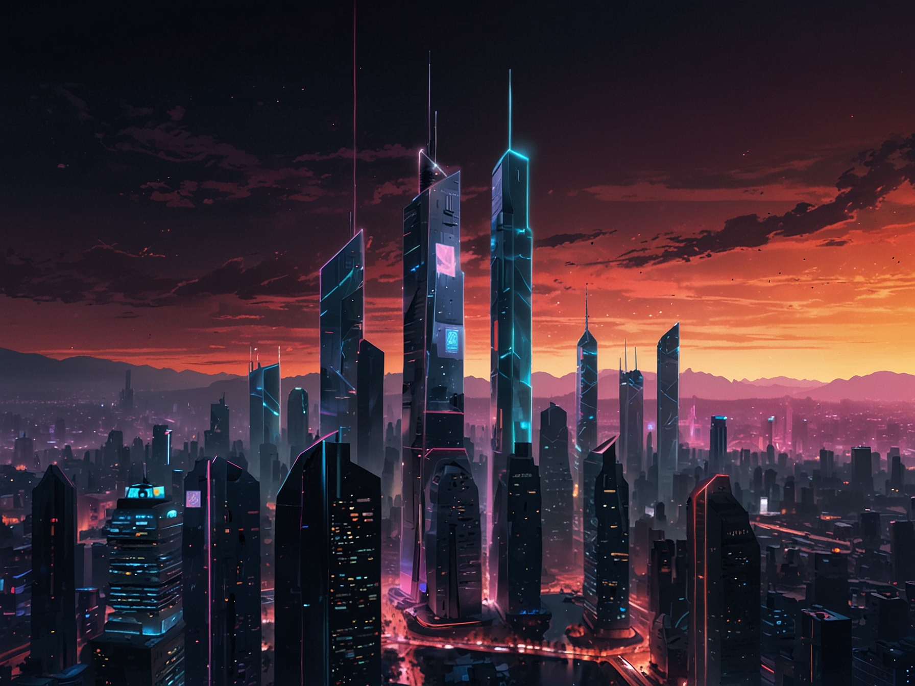 A high-tech futuristic cityscape with neon lights and towering skyscrapers. This visual represents the technologically saturated world of 'Neuromancer' that Apple TV+ aims to bring to life.