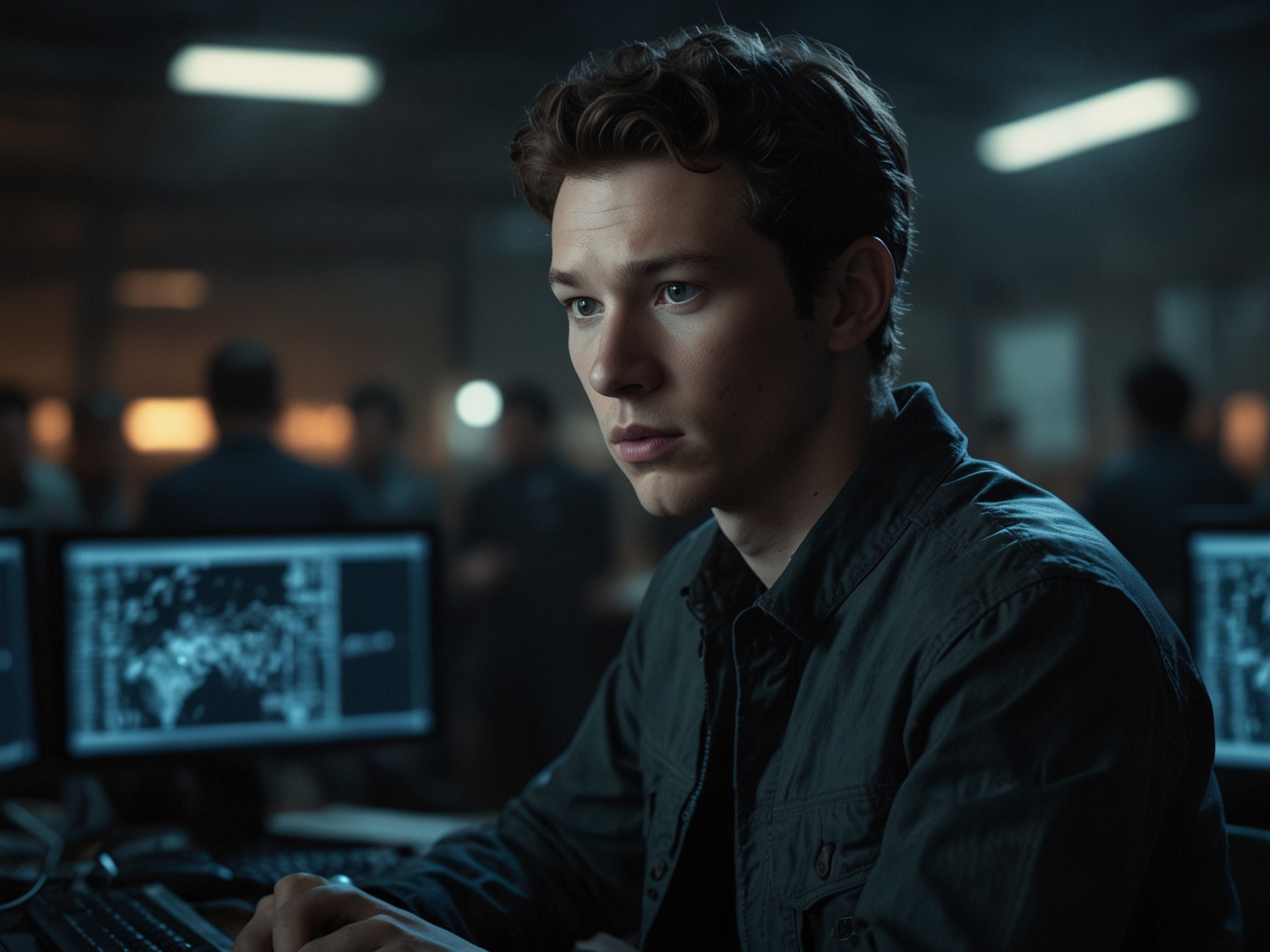 An intense scene featuring Case, portrayed by Callum Turner, navigating cyberspace with a determined expression. This showcases the character's return to hacking in the dystopian future depicted in the series.