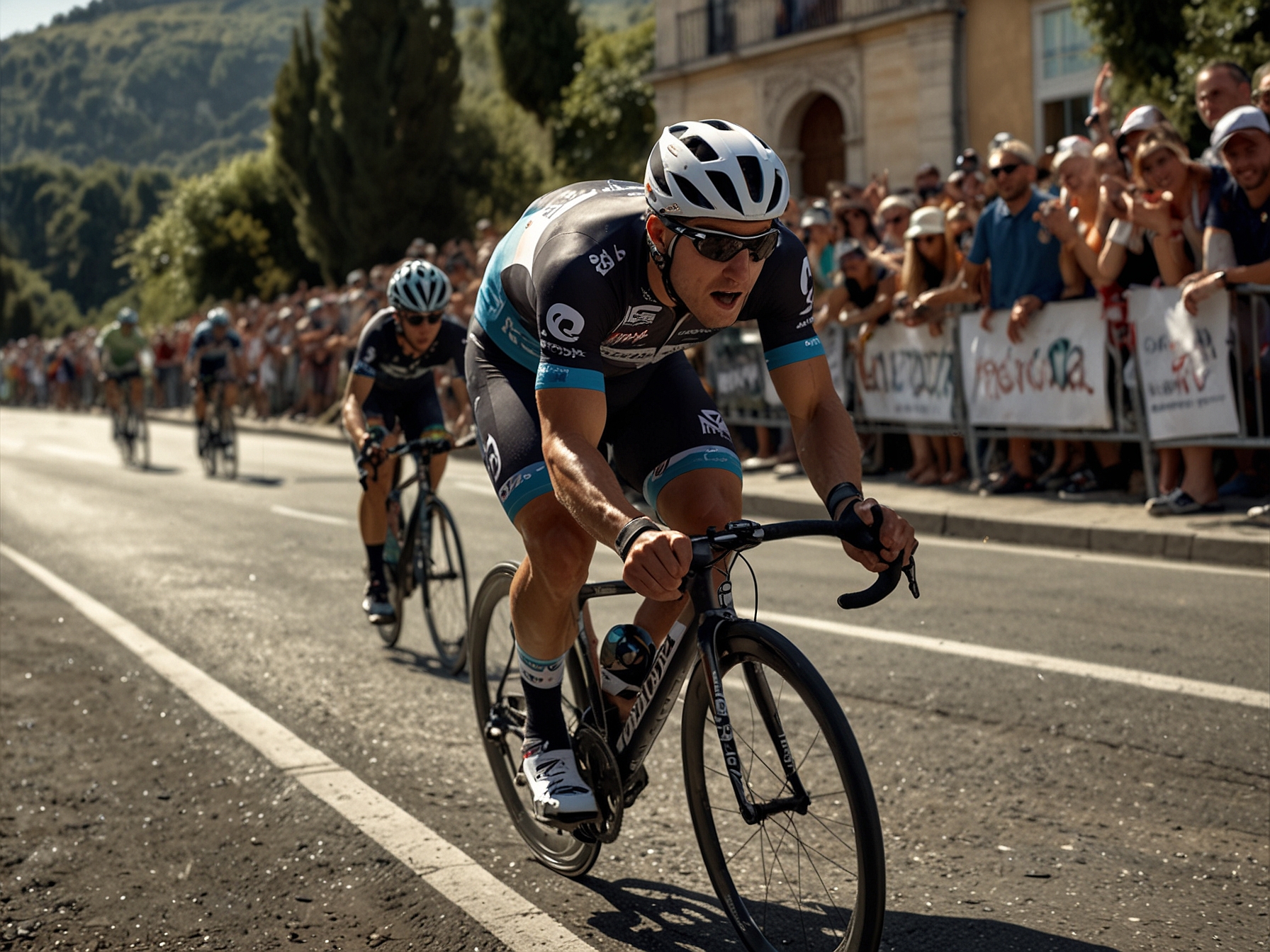 Jonas Vingegaard riding aggressively up the Côte de San Luca during stage 2 of the Tour de France, closely following his rival Tadej Pogačar.