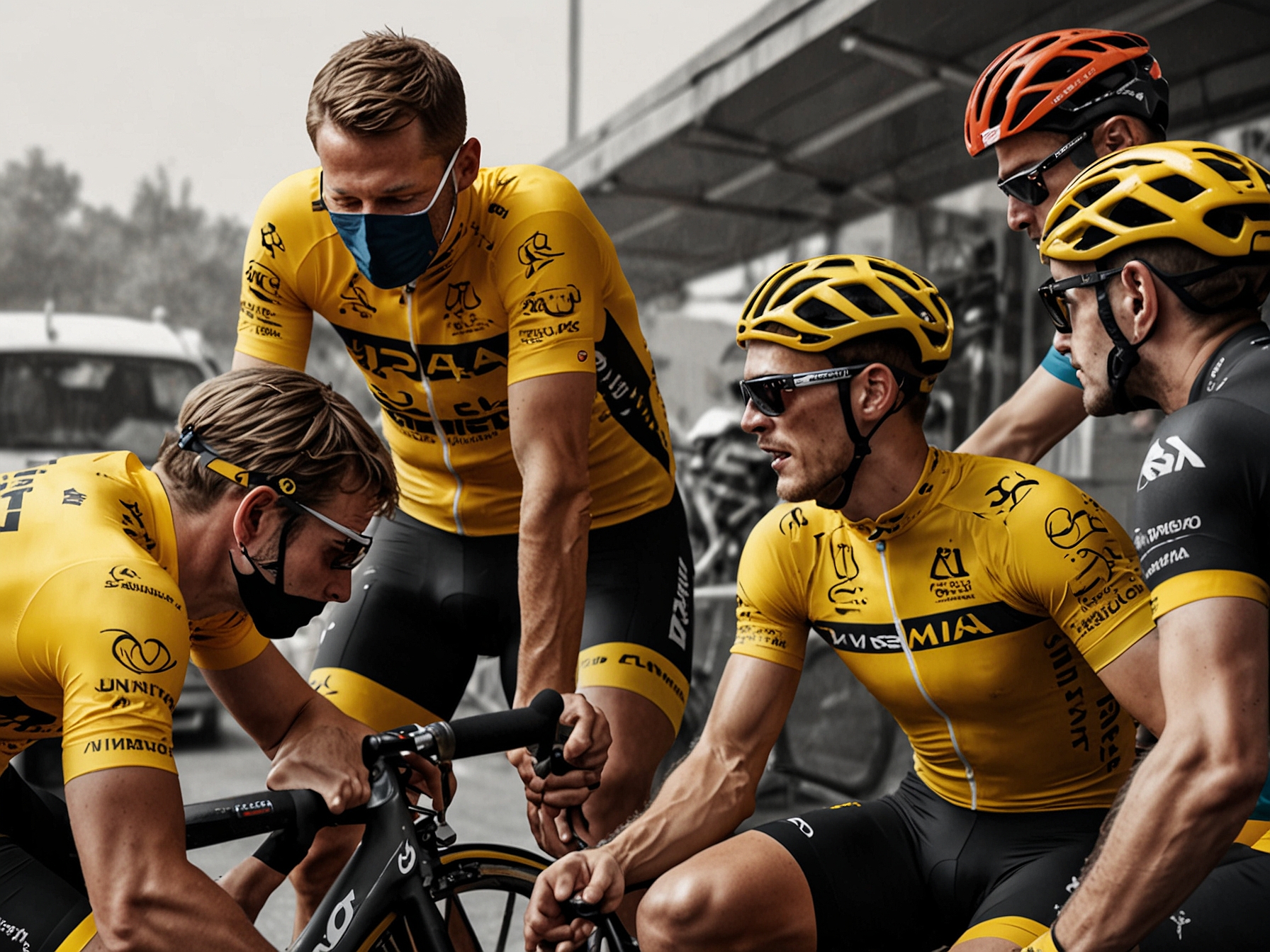 Team Jumbo-Visma, including Jonas Vingegaard, strategizing during a break on stage 2 of the Tour de France, exhibiting focused teamwork and preparedness.