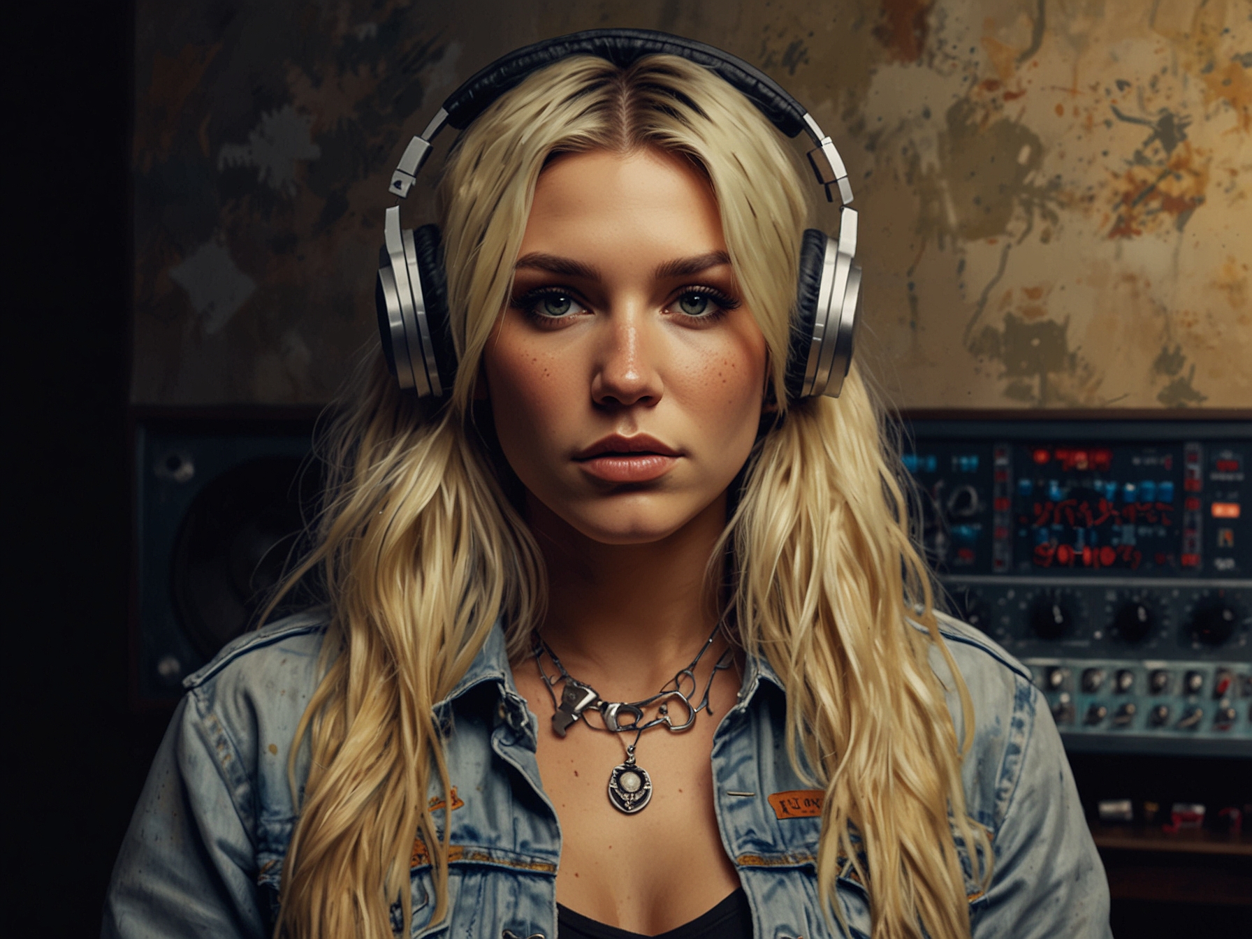 An image of Kesha standing in a recording studio, looking determined and focused as she holds headphones, symbolizing her triumphant return to music and creative independence.