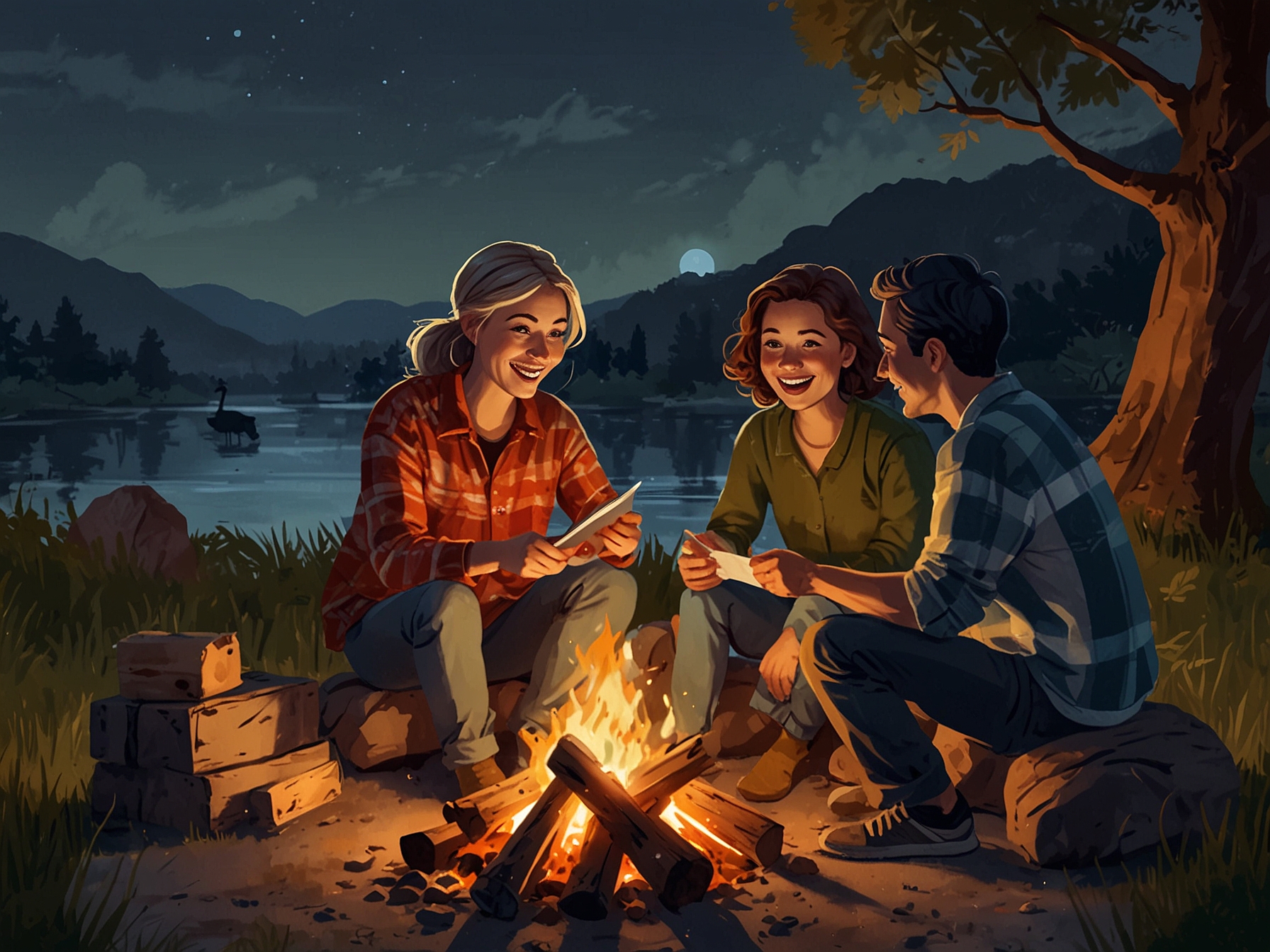 A family sitting around a campfire, laughing and sharing stories. The image reflects the article's advice on focusing on bonding activities that promote unity and enjoyment during group holidays.