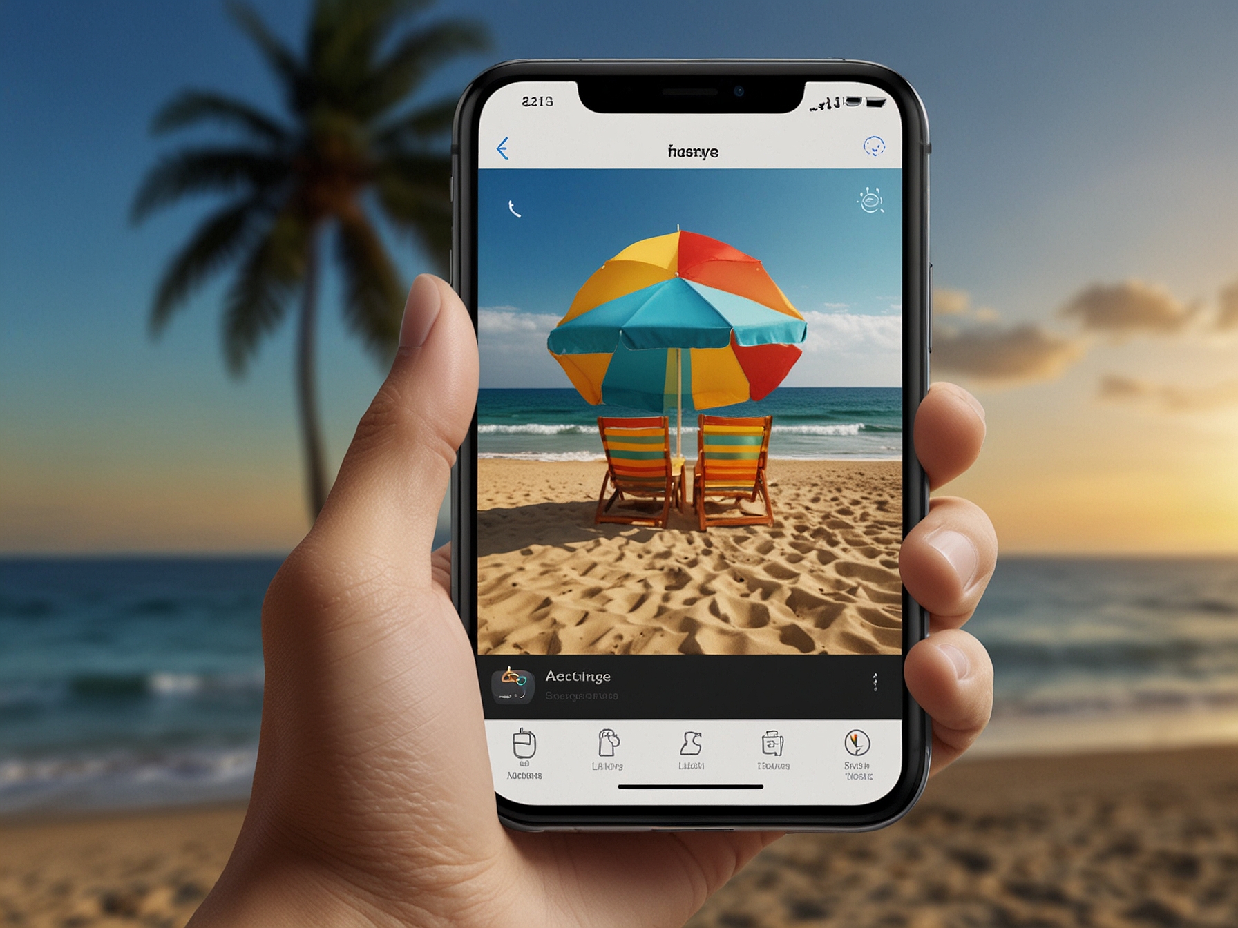 The Photos app on an iPhone, highlighting its advanced search capabilities using machine learning to find photos based on keywords like 'beach' or 'birthday'.
