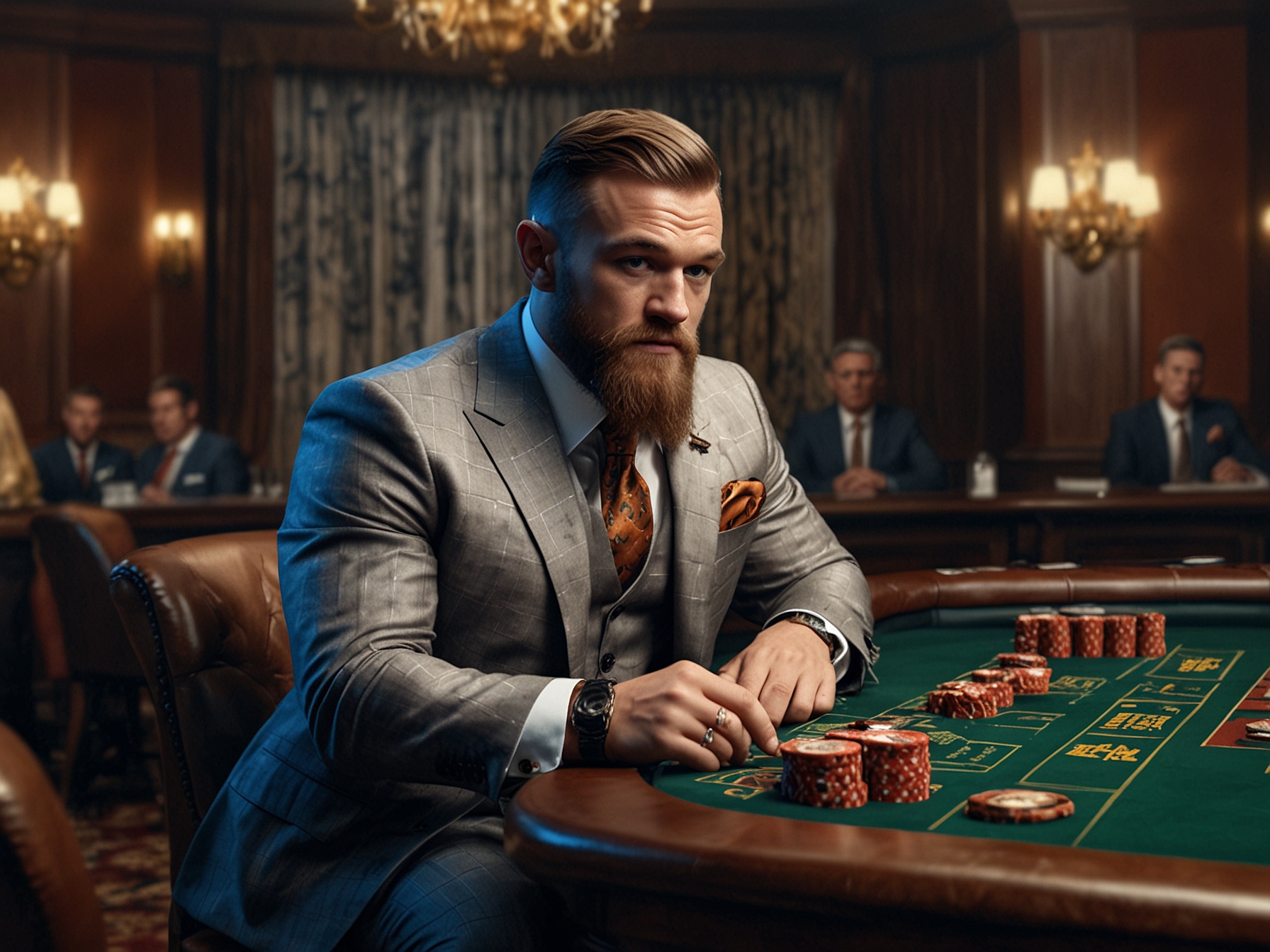 Conor McGregor places a high-stakes bet in a luxurious setting, emphasizing his reputation for bold wagers. This highlights his confident demeanor in high-risk scenarios.