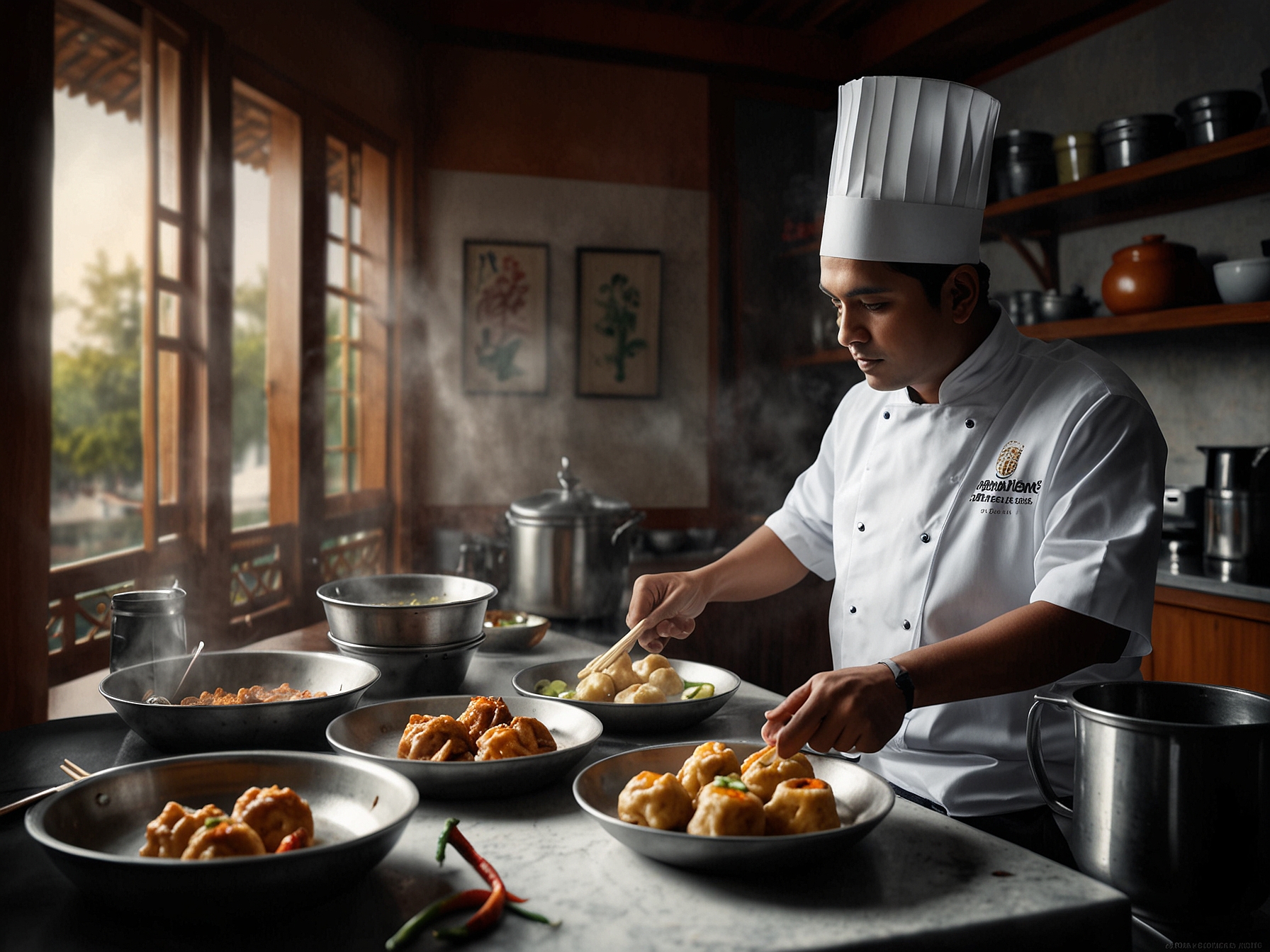 Chef Rajesh Deshmukh prepares his signature Tandoori Dim Sum in a fine-dining kitchen, showcasing the blend of Chinese ingredients and Indian culinary traditions.