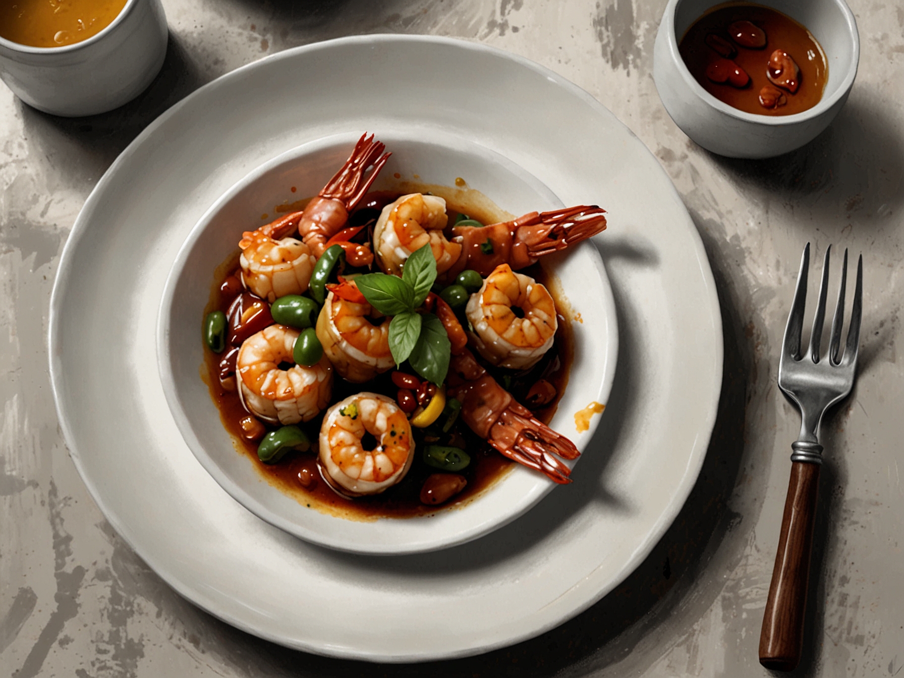 An elegantly plated dish of Kung Pao Prawns with Curry Leaf and Tamarind at Chef Manish Malhotra's restaurant, reflecting the seasonal and innovative nature of Chindian cuisine.