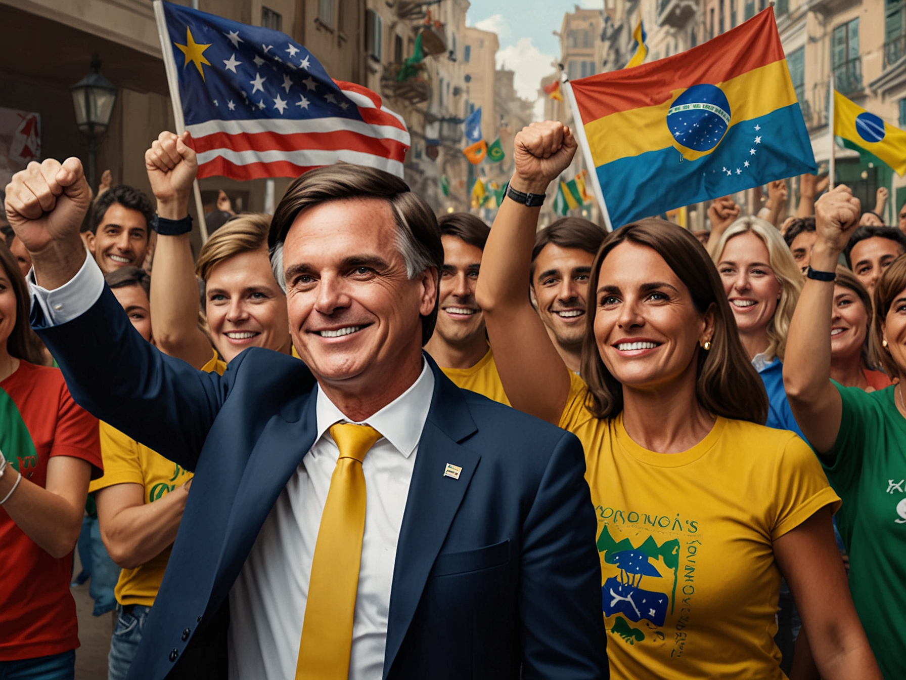 President Javier Milei in a crowded rally holding hands with Jair Bolsonaro, both leaders smiling and addressing the cheering crowd. Banners and flags showing support for Bolsonaro fill the backdrop.
