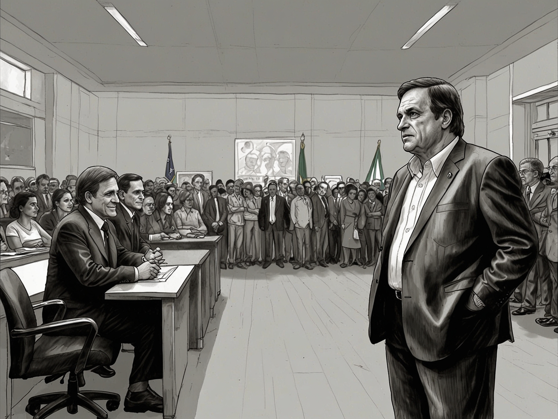 Illustration of contrasting scenes: Milei participating in a lively pro-Bolsonaro rally on one side, while a meeting room with President Lula da Silva remains empty on the other, highlighting Milei's diplomatic choice.