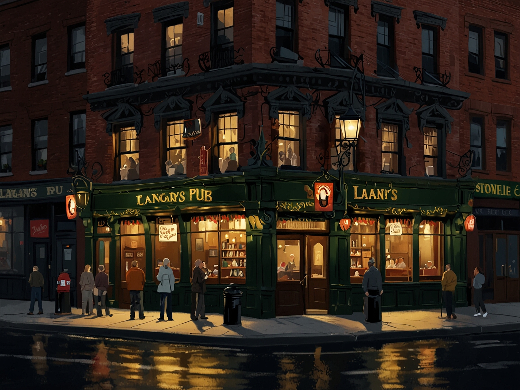 Image of the iconic Langan's pub with its traditional Irish facade on West 47th Street, bustling with patrons and featuring warm, inviting lights and classic pub signage.