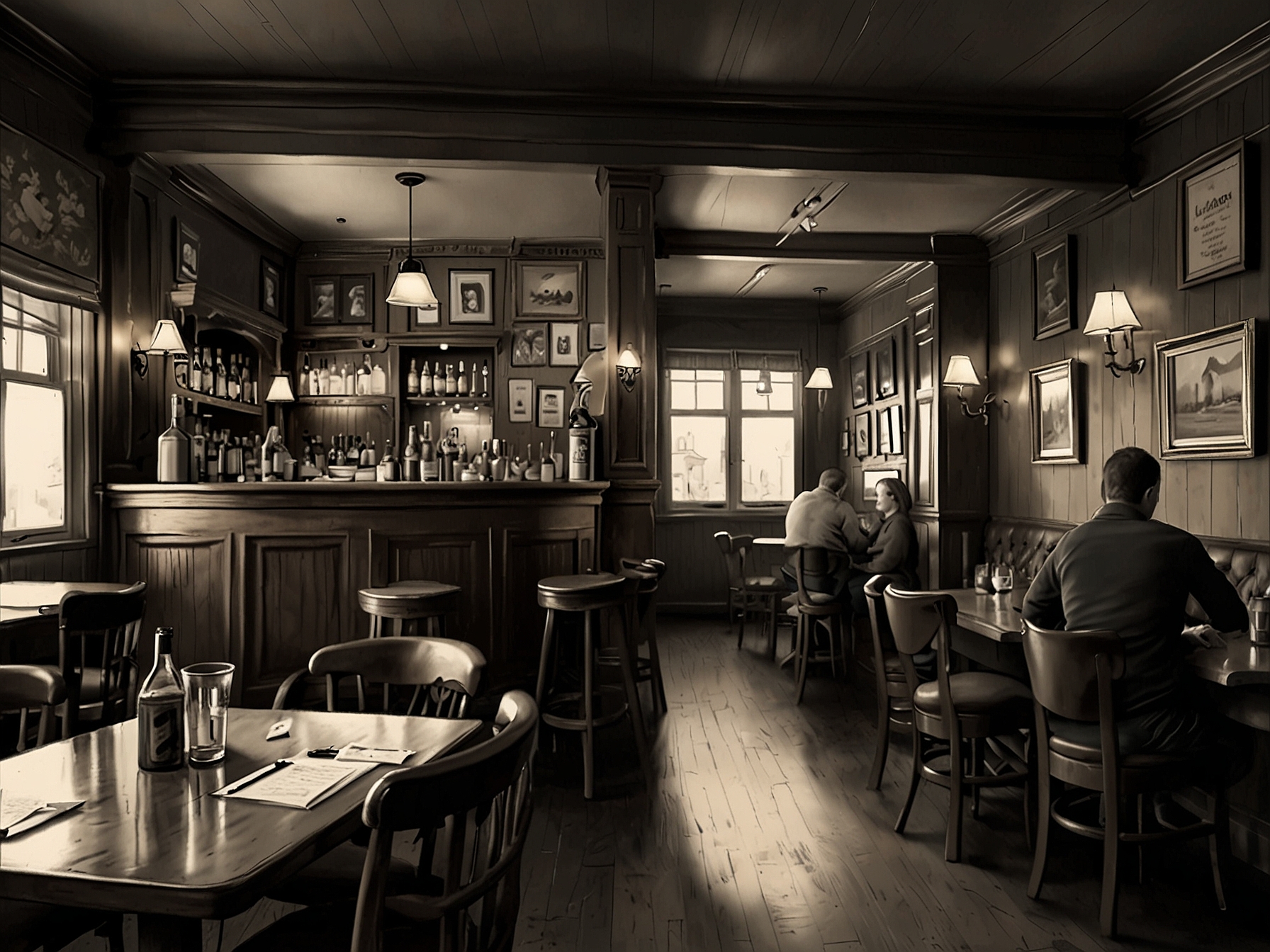 Interior shot of Langan's pub, showcasing a blend of traditional and modern design elements, with patrons enjoying meals and drinks in a cozy, welcoming atmosphere.
